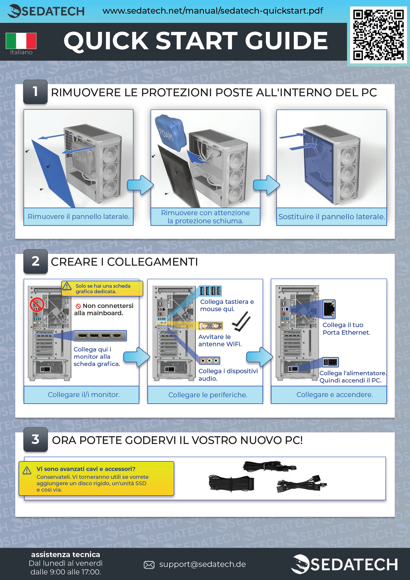 Guida rapida PC: Aprire case, collegare componenti, accendere PC.