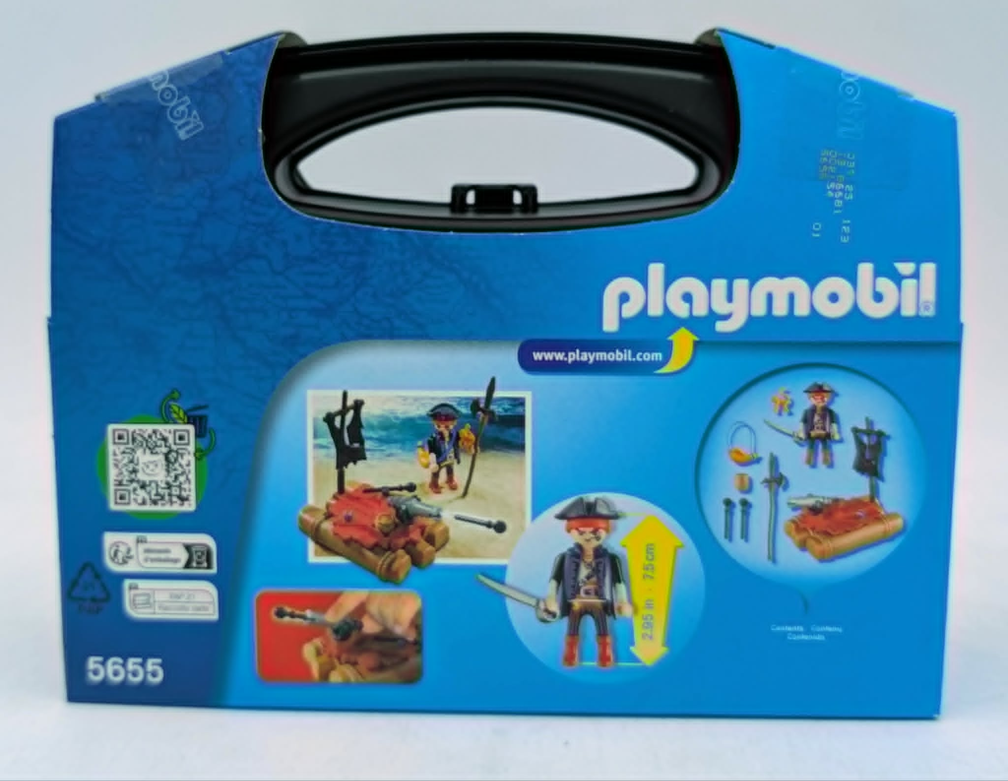 Scatola giocattoli pirata Playmobil con figure, cannone e zattera.