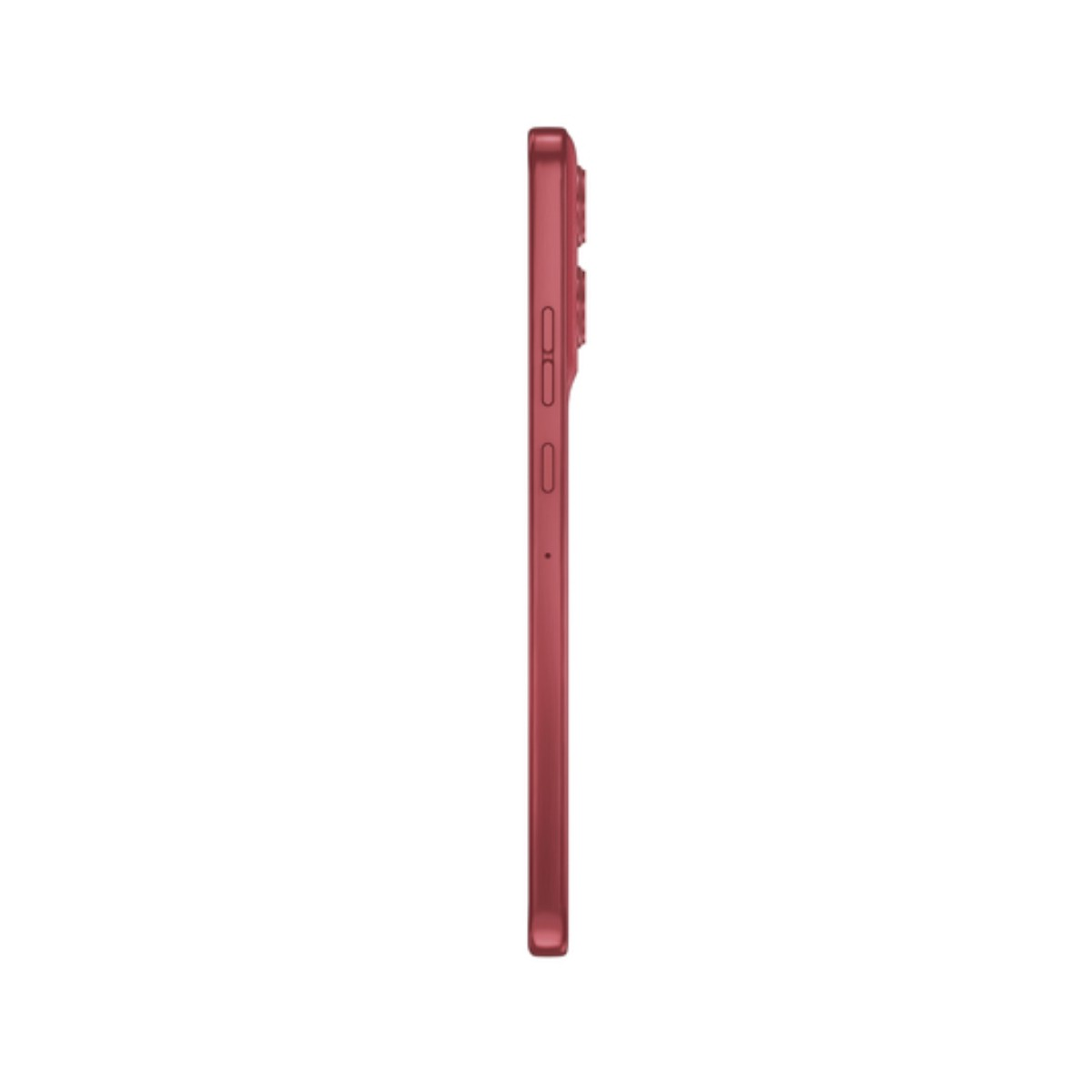 Rotes Smartphone im Profil, mit sichtbaren Tasten an der Seite.