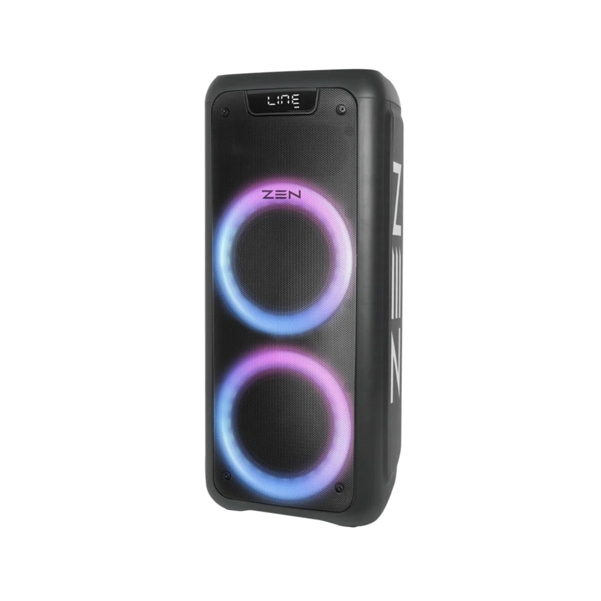 Altoparlante nero con due cerchi luminosi e logo 'ZEN'.
