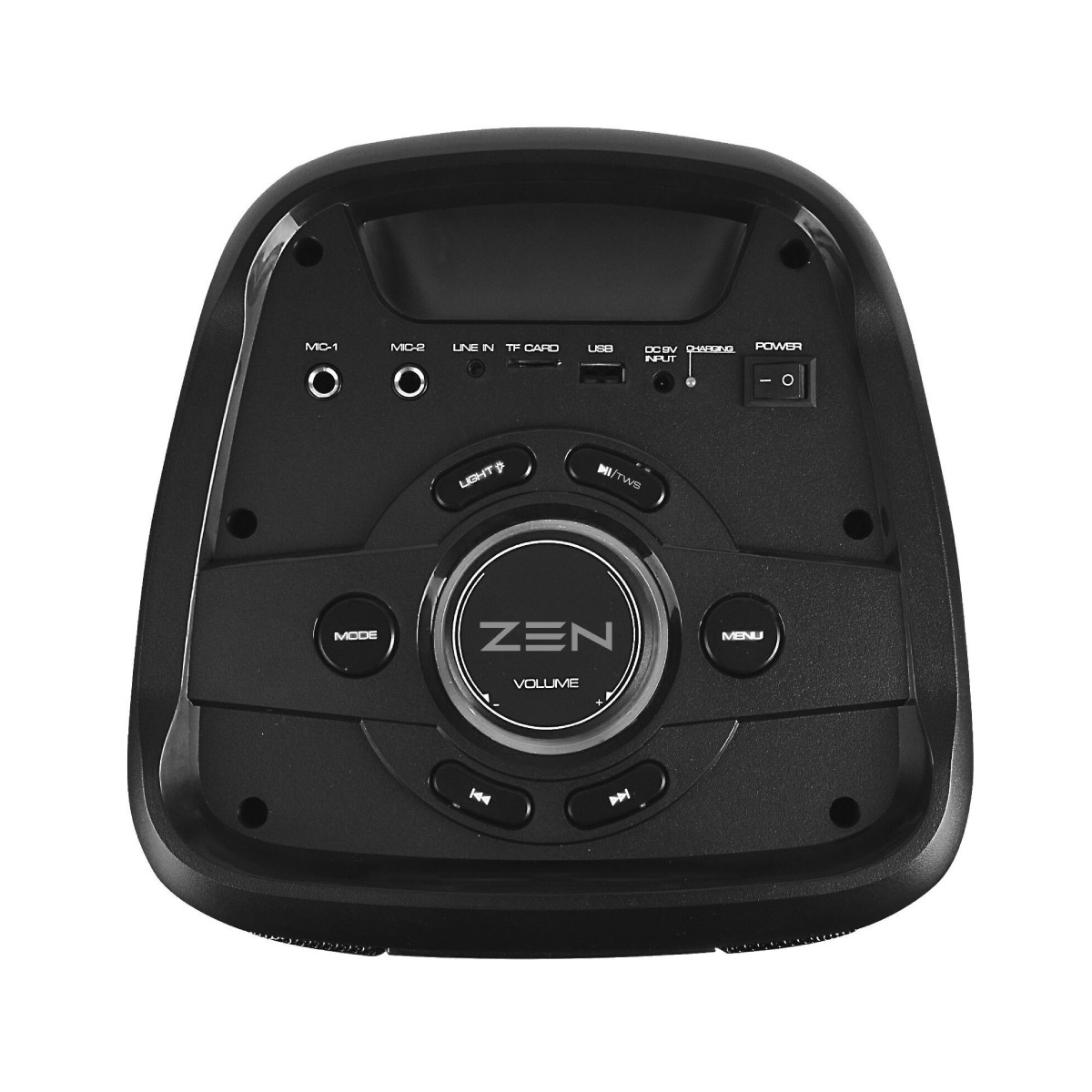 Altoparlante portatile nero con controlli: ingressi microfono, USB, luce, manopola volume, interruttore.