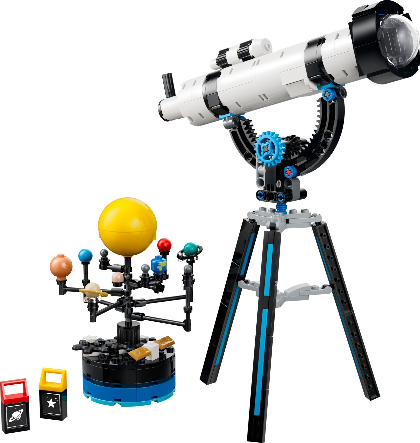 Bir tripod üzerindeki Lego teleskop modeli, güneş sistemi modelinin yanında.