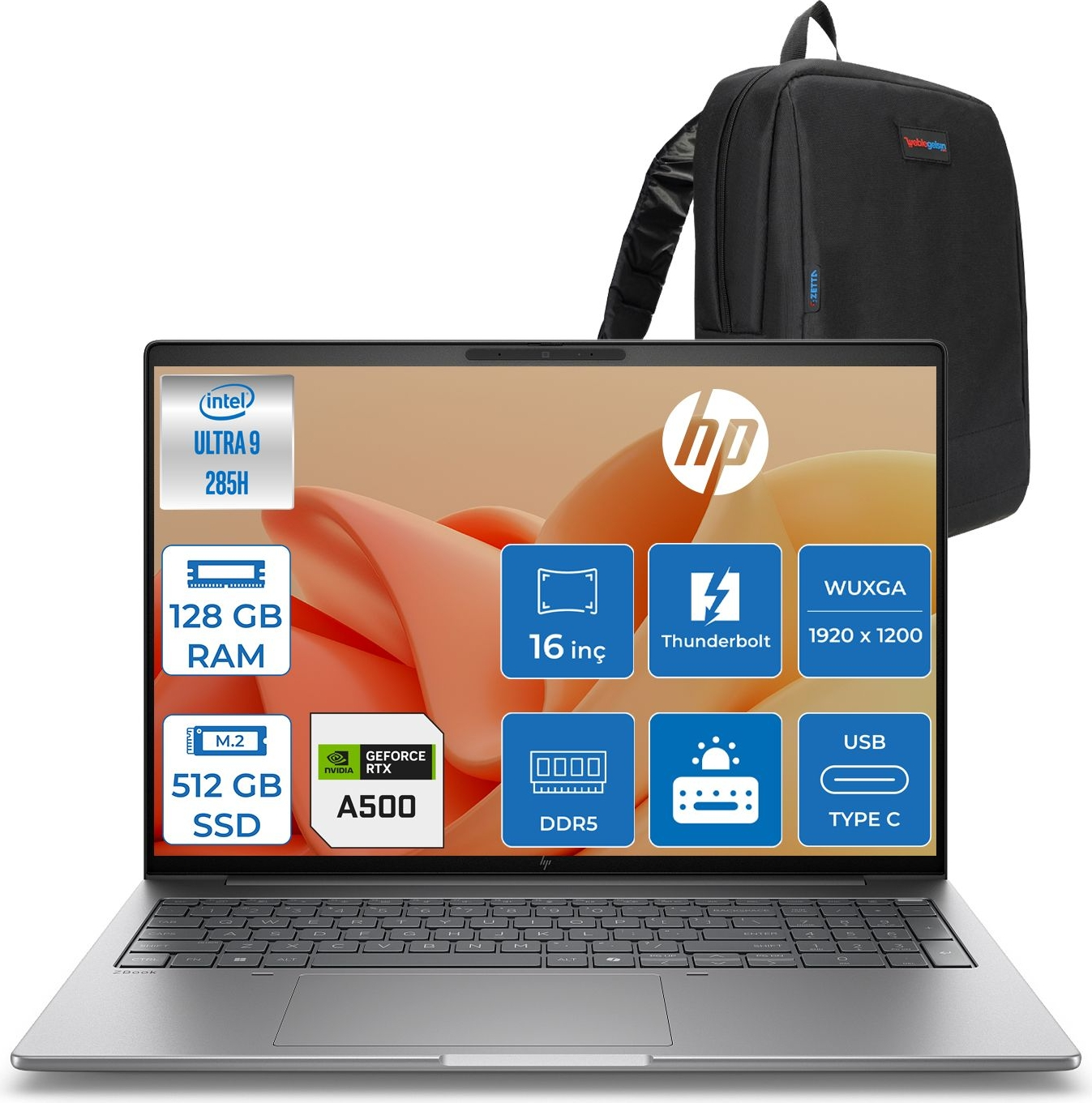 Intel Ultra 9 ve Nvidia RTX A500 işlemcili gümüş HP dizüstü bilgisayar. Yanında siyah sırt çantası.