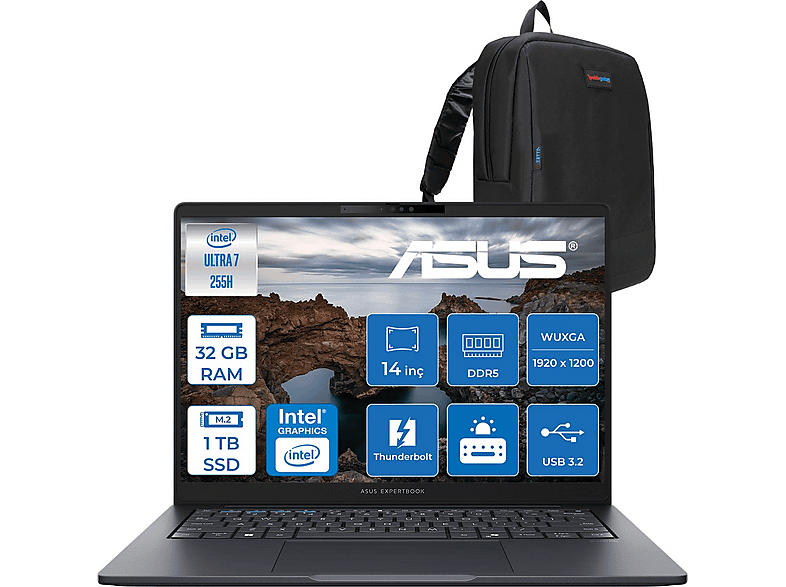 ASUS ExpertBook B5 B5405CCA-U716512B1D AI B5405CCAF08 Intel Core Ultra 7 255H 32 GB RAM 1 TB SSD 14 inç FreeDOS Laptop+Çanta Siyah