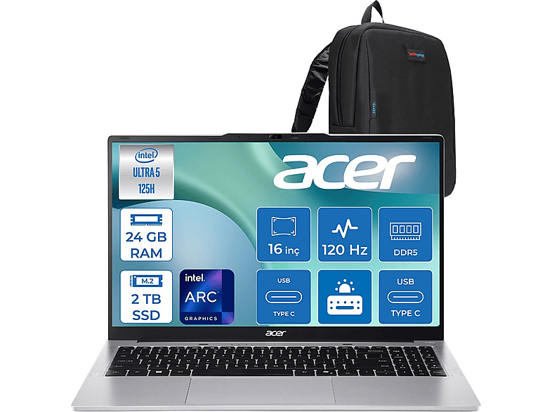 ACER Aspire Lite AL16-71P IPS Full HD+NXDCLEY001F09 Intel Core Ultra 5 125H 24 GB RAM 2 TB SSD 16 inç FreeDOS Laptop+Çanta Gümüş