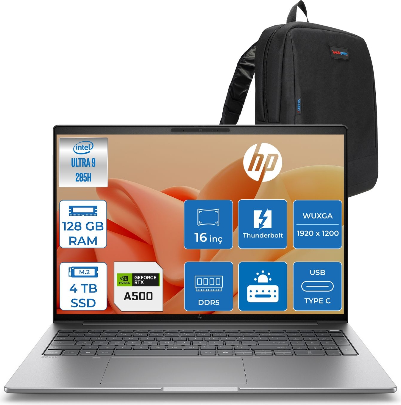 Intel Ultra 9, 128 GB RAM, 4 TB SSD, RTX A500 işlemcili gümüş HP dizüstü bilgisayar ve siyah sırt çantası.