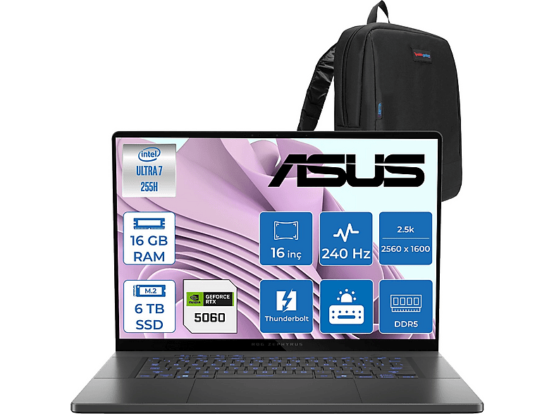 ASUS Rog Zephyrus G16 (2025) 7467M Hz RTX5060 8 GB 2.5k OLED GU605CMQR064F06 Intel Core Ultra 7 255H 16 GB RAM 6 TB SSD 16 inç FreeDOS Laptop+Çanta Gri