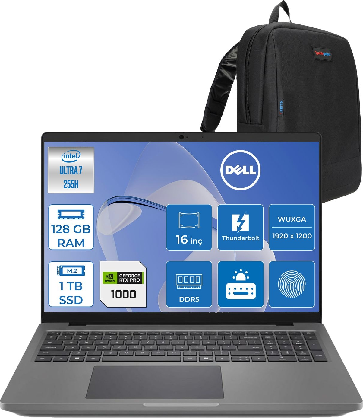 DELL Promax 16 MC16250 8 GB RTXPRO1000 APROMAX1604F57 Intel Core Ultra 7 255H 128 GB RAM 512 GB SSD 16 inç FreeDOS Laptop+Çanta Siyah