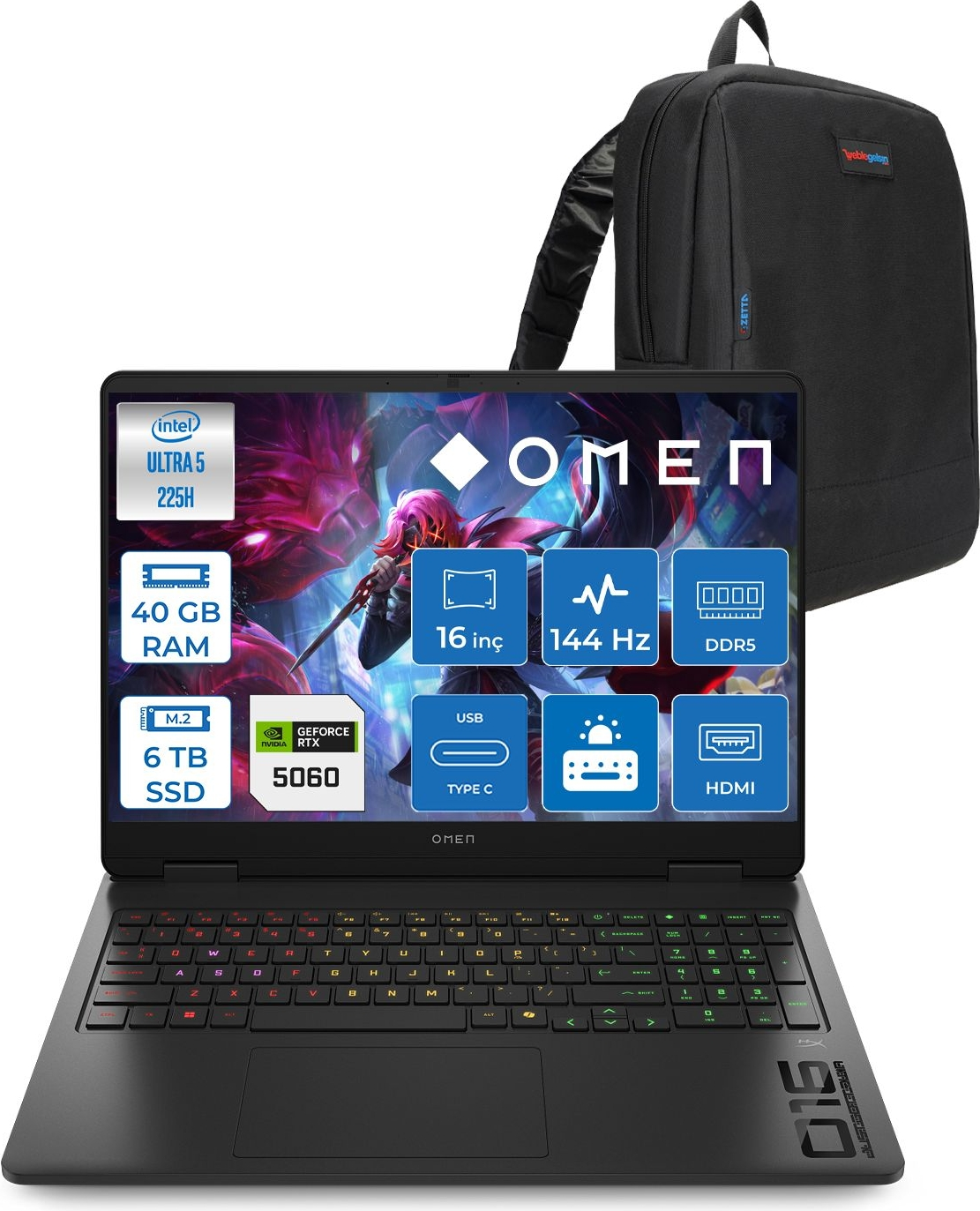 HP Omen 16-AM0037NT RTX5060 8 GB 144 Hz IPS C39JBEAF23 Intel Core Ultra 5 225H 40 GB RAM 6 TB SSD 16 inç FreeDOS Laptop+Çanta Siyah