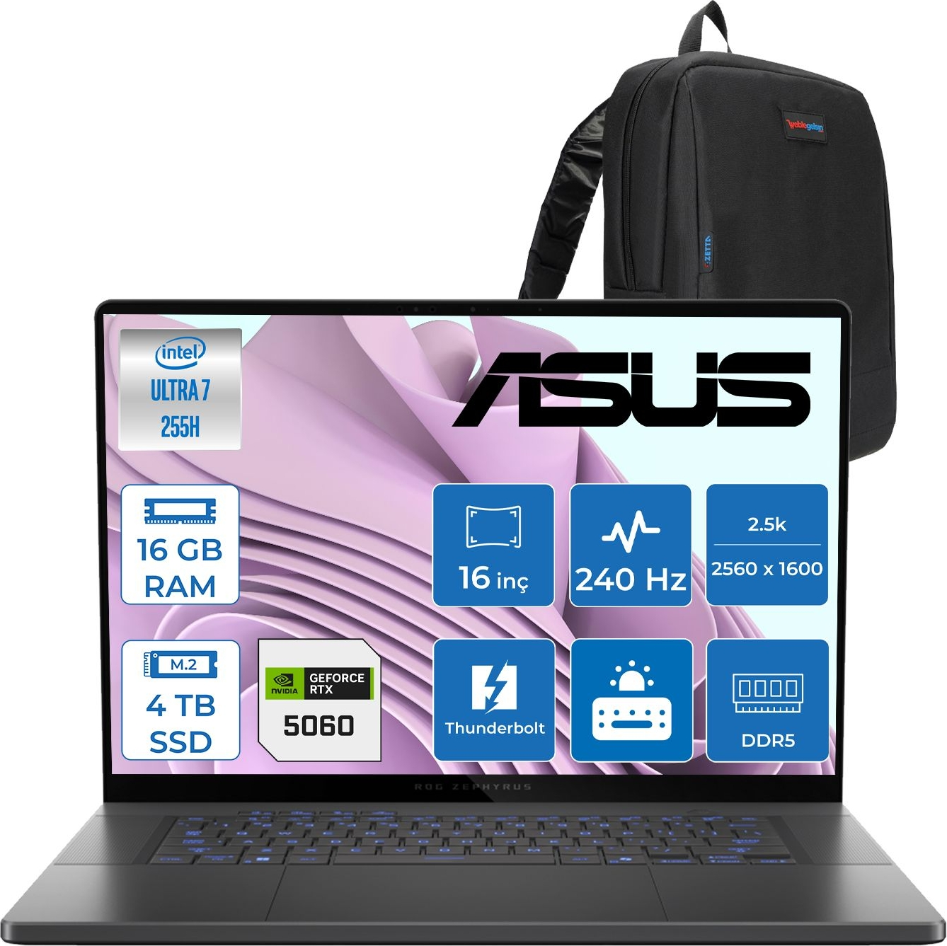 Intel Ultra 7, 16 GB RAM, 4 TB SSD'li siyah dizüstü bilgisayar. Arkada sırt çantası.