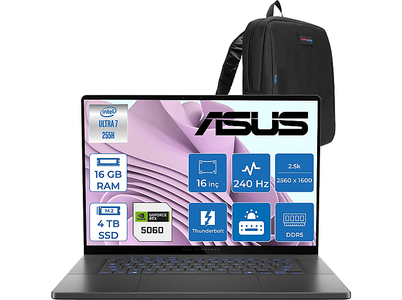 ASUS Rog Zephyrus G16 (2025) 7467M Hz RTX5060 8 GB 2.5k OLED GU605CMQR064F05 Intel Core Ultra 7 255H 16 GB RAM 4 TB SSD 16 inç FreeDOS Laptop+Çanta Gri