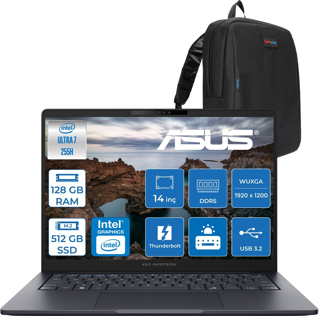 ASUS ExpertBook B5 B5405CCA-U716512B1D AI B5405CCAF32 Intel Core Ultra 7 255H 128 GB RAM 512 GB SSD 14 inç FreeDOS Laptop+Çanta Siyah