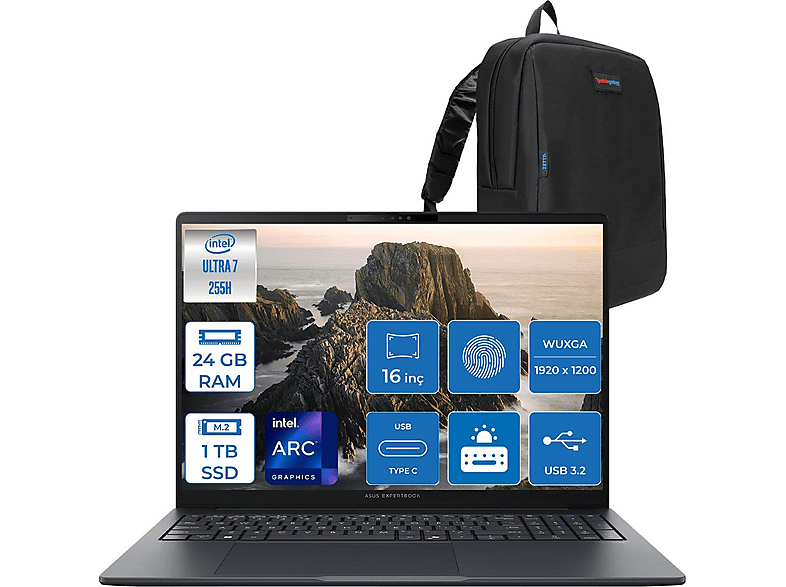 ASUS ExpertBook B5 B5605CCA-U716512B1D AI B5605CCAF03 Intel Core Ultra 7 255H 24 GB RAM 1 TB SSD 16 inç FreeDOS Laptop+Çanta Siyah