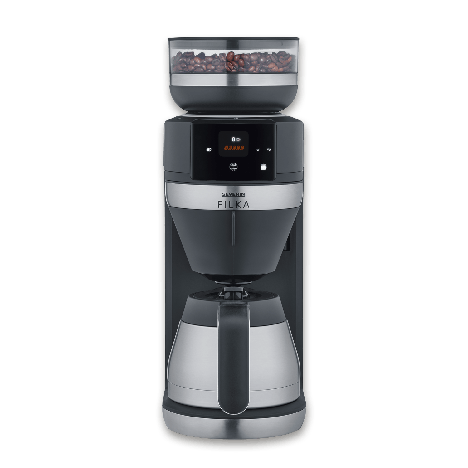 Macchina da caffè con tramoggia chicchi, macina e caraffa termica.