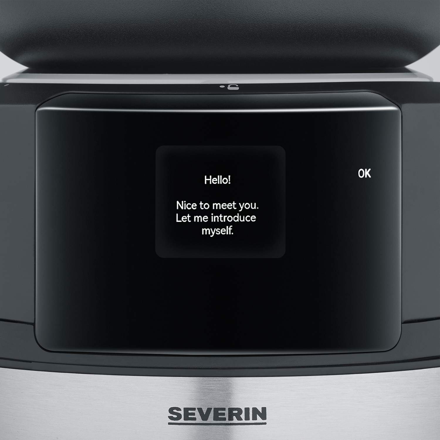 Black screen displays "Hello! Nice to meet you. Let me introduce myself."