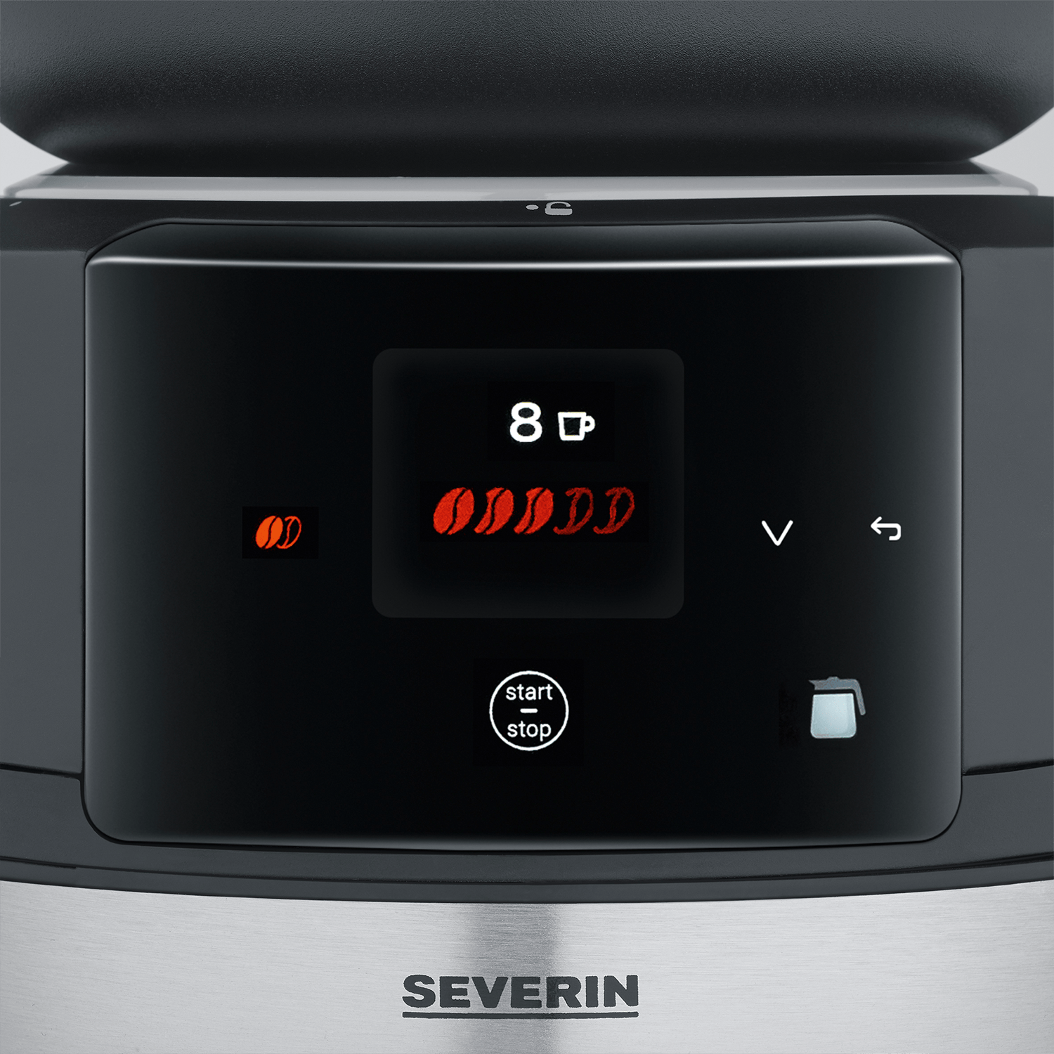 Coffee machine with digital display: 8 cups, coffee bean icon, start/stop button.