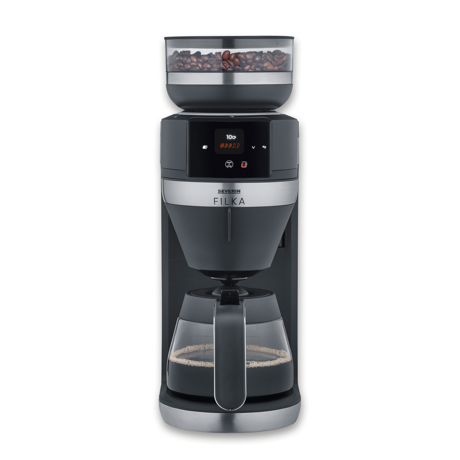 Coffee machine with bean hopper, coffee pot with coffee, and digital display.