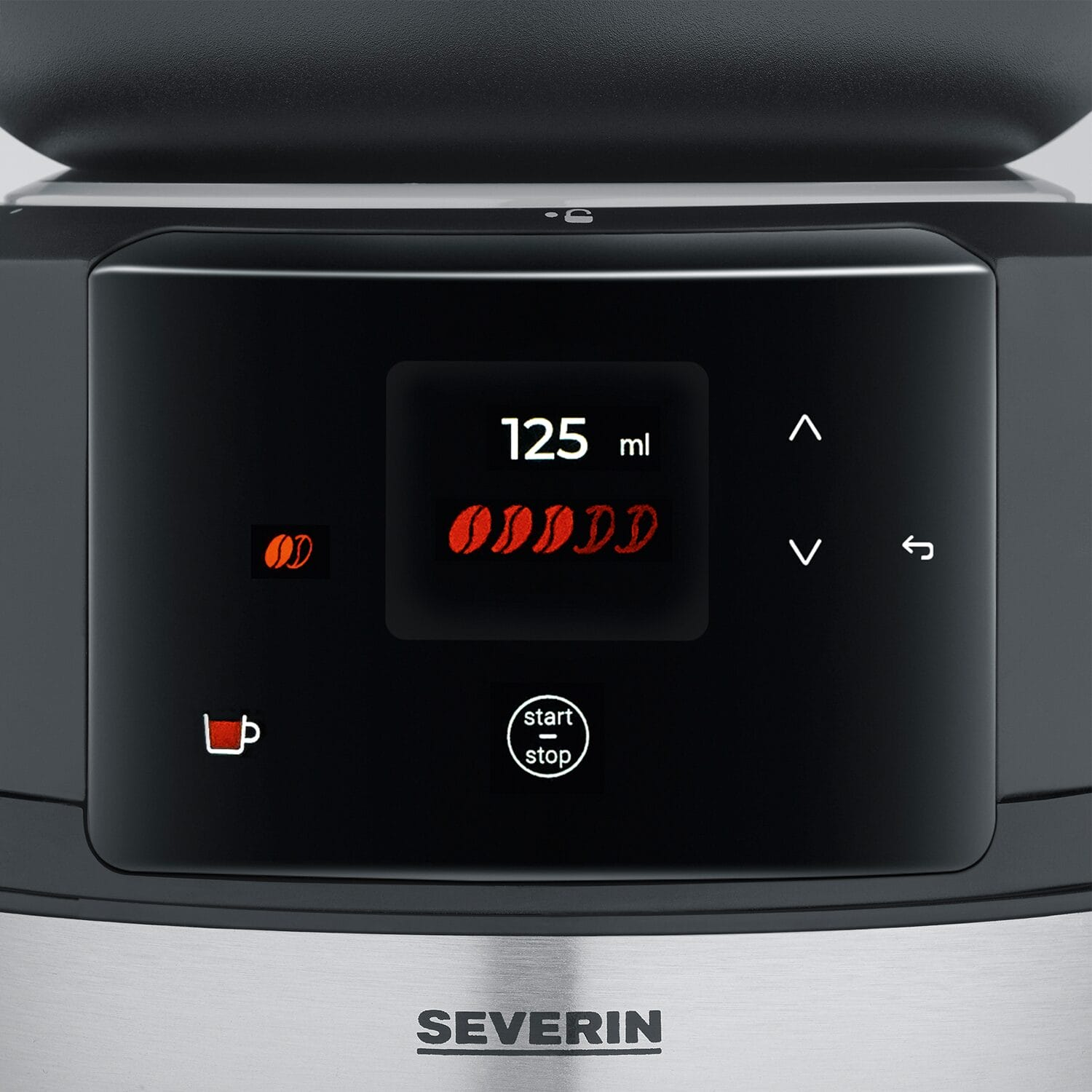 A coffee machine display shows 125 ml, coffee beans, and a cup.