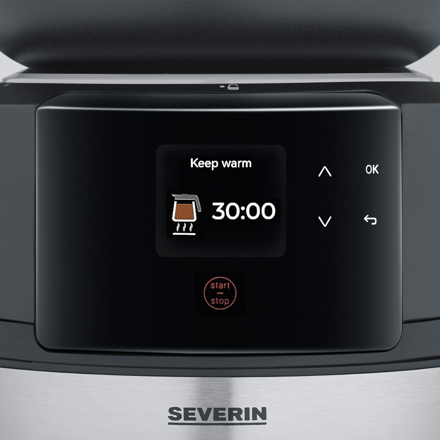 Digital display on a coffee maker shows "Keep warm" and "30:00" timer.