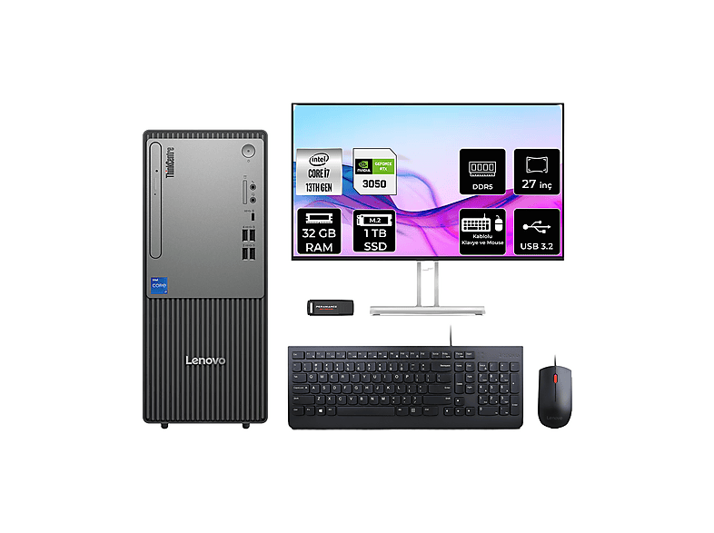 LENOVO ThinkCentre Neo 50T RTX3050 6 GB 27" 12UB000HTRP1086 PER4 Bellek Intel Core i7-13700 32 GB RAM 1 TB SSD FreeDOS Masaüstü Bilgisayar