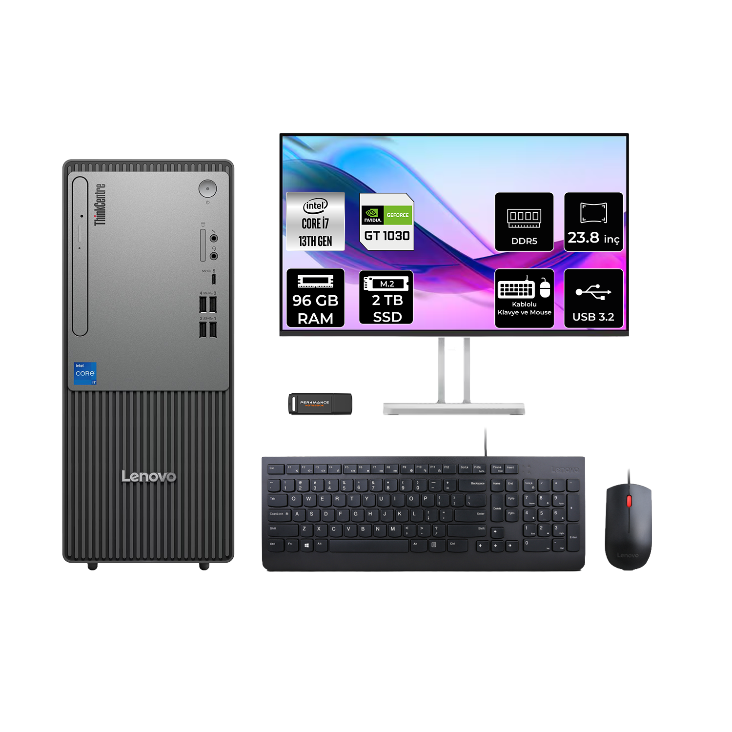 LENOVO ThinkCentre Neo 50T GT1030 4 GB 23.8" 12UB000HTRP739 PER4 Bellek Intel Core i7-13700 96 GB RAM 2 TB SSD FreeDOS Masaüstü Bilgisayar