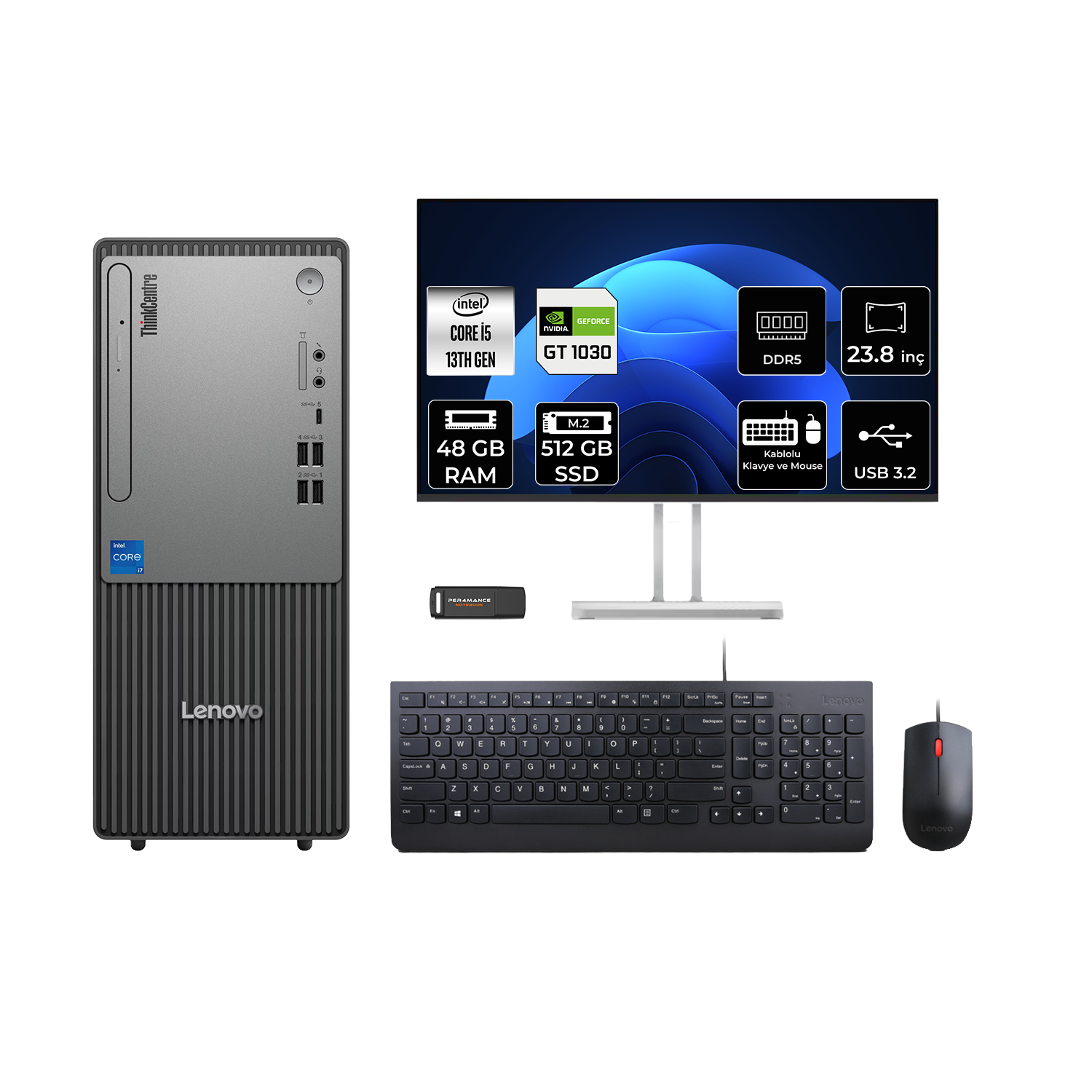 LENOVO ThinkCentre Neo 50T GT1030 4 GB 23.8" 12UB000BTRP729 PER4 Bellek Intel Core i5-13400 48 GB RAM 512 GB SSD FreeDOS Masaüstü Bilgisayar