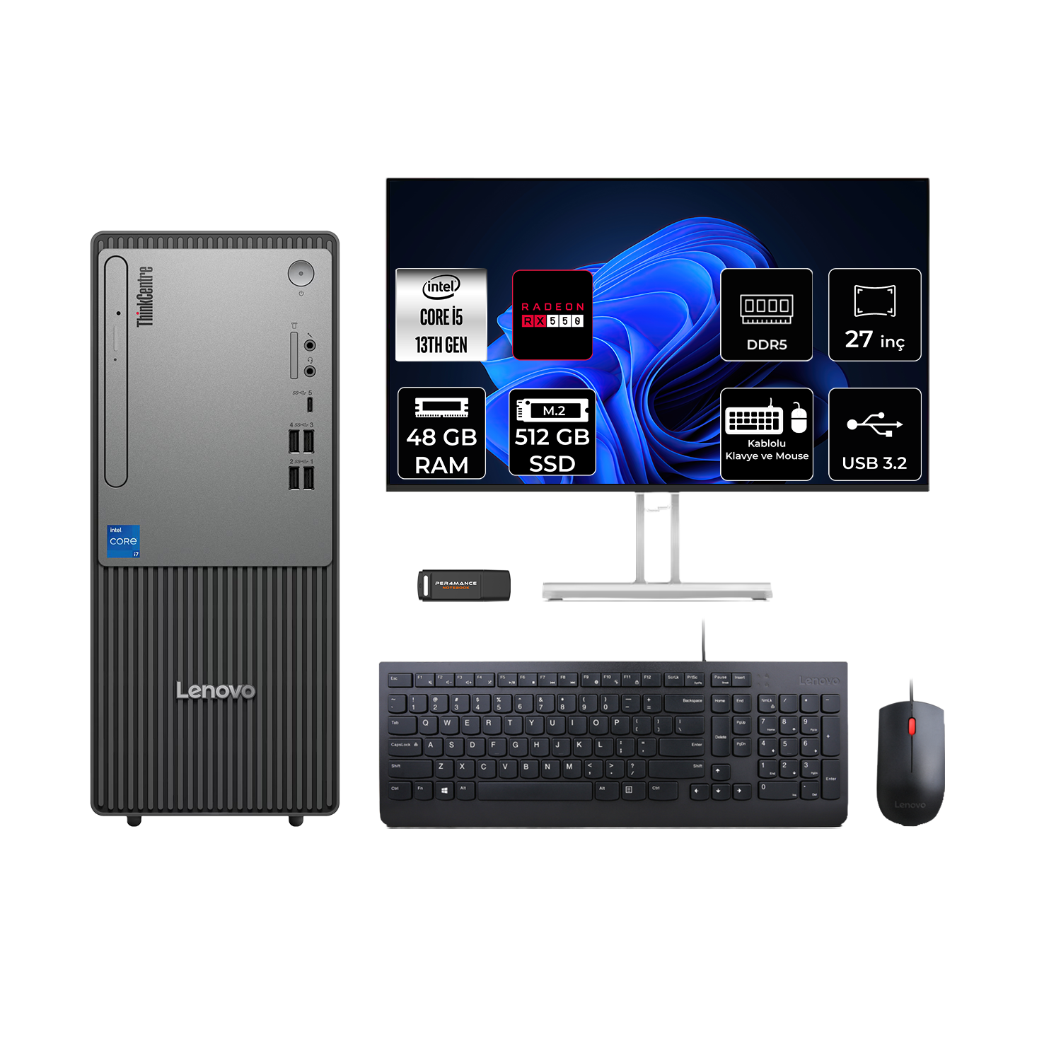 LENOVO ThinkCentre Neo 50T RX550 4 GB 27" 12UB000BTRP969 PER4 Bellek Intel Core i5-13400 48 GB RAM 512 GB SSD FreeDOS Masaüstü Bilgisayar