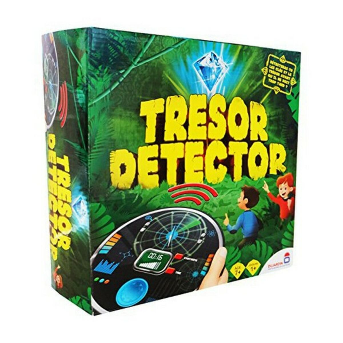 Doos van het spel "Tresor Detector" met kinderen en een detector.