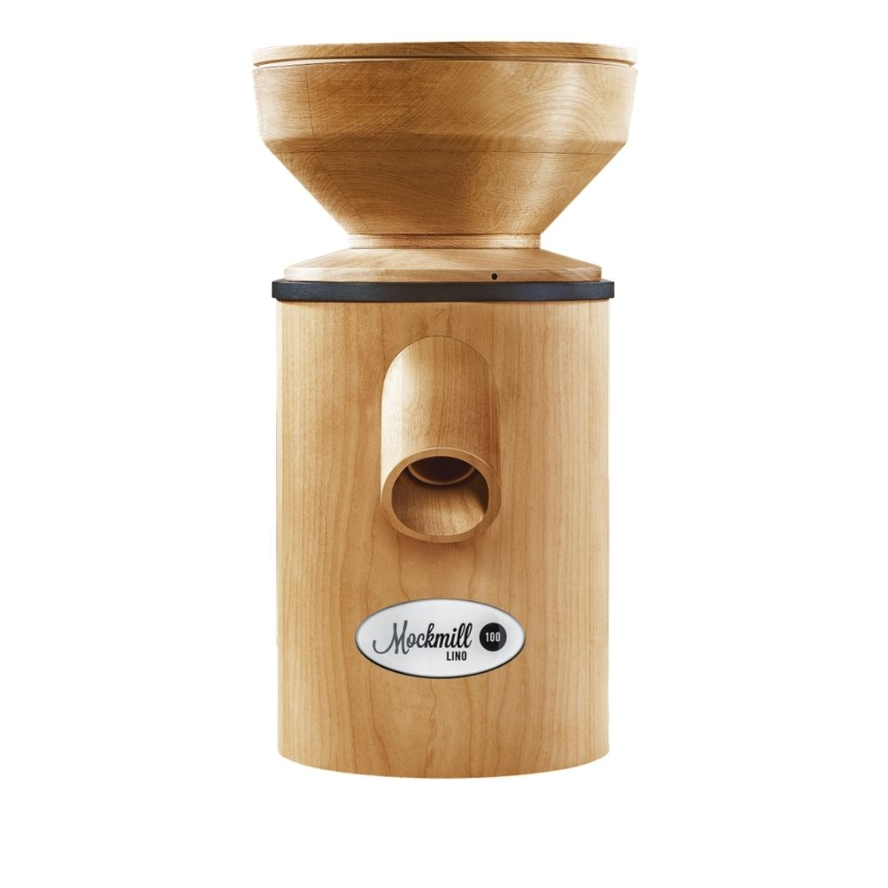 Ein hölzerner Getreidemühle mit einem Trichter oben und einem Auswurfschacht vorne.