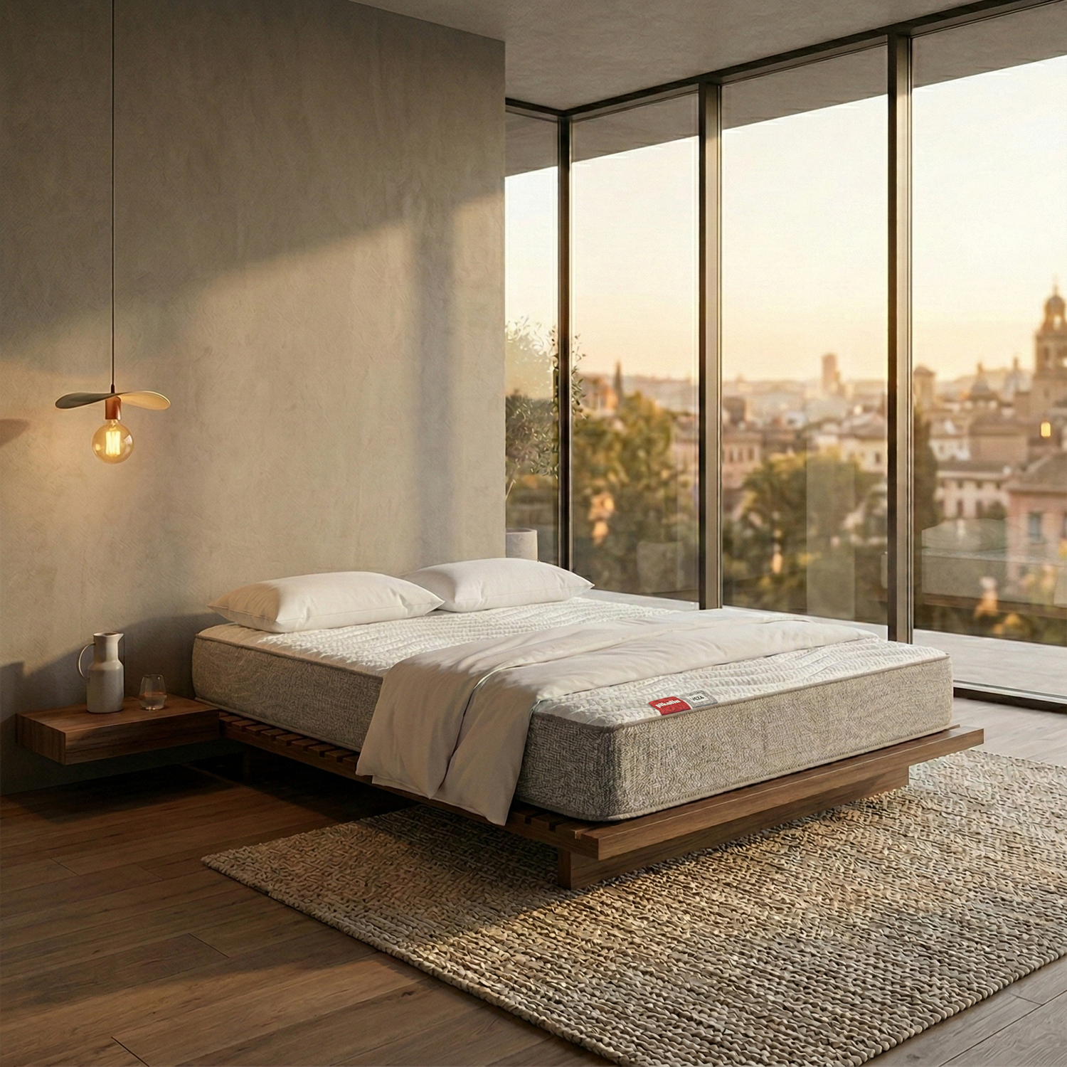 Dormitorio moderno con cama, mesita de noche, lámpara y vista a la ciudad al atardecer.
