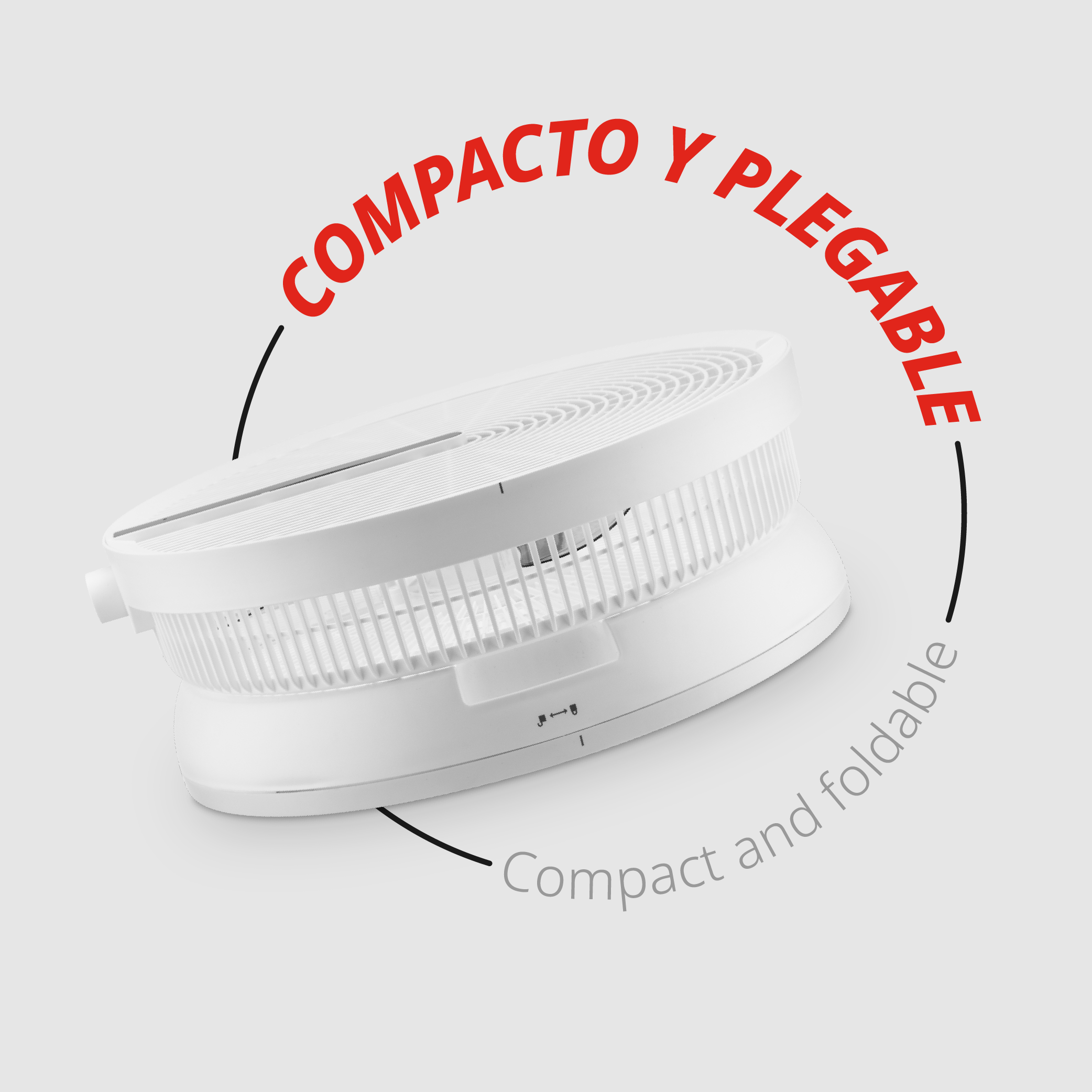 Un ventilador blanco, compacto y plegable con etiquetas de texto rojas y grises.