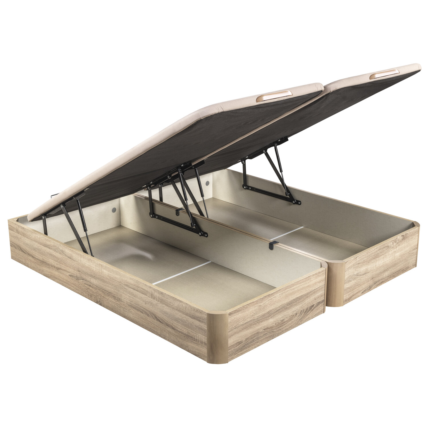 Base de cama con almacenamiento abierto y mecanismo elevable. Acabado madera.