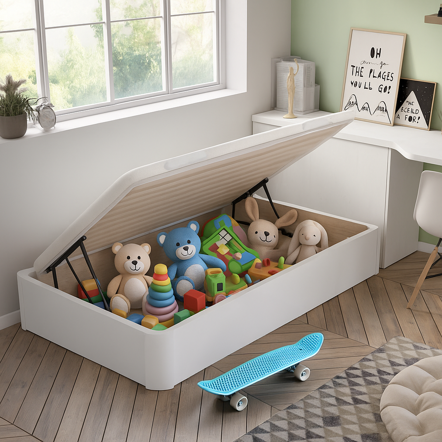 Cama abierta con almacenamiento llena de juguetes, ositos de peluche y un aro apilable.