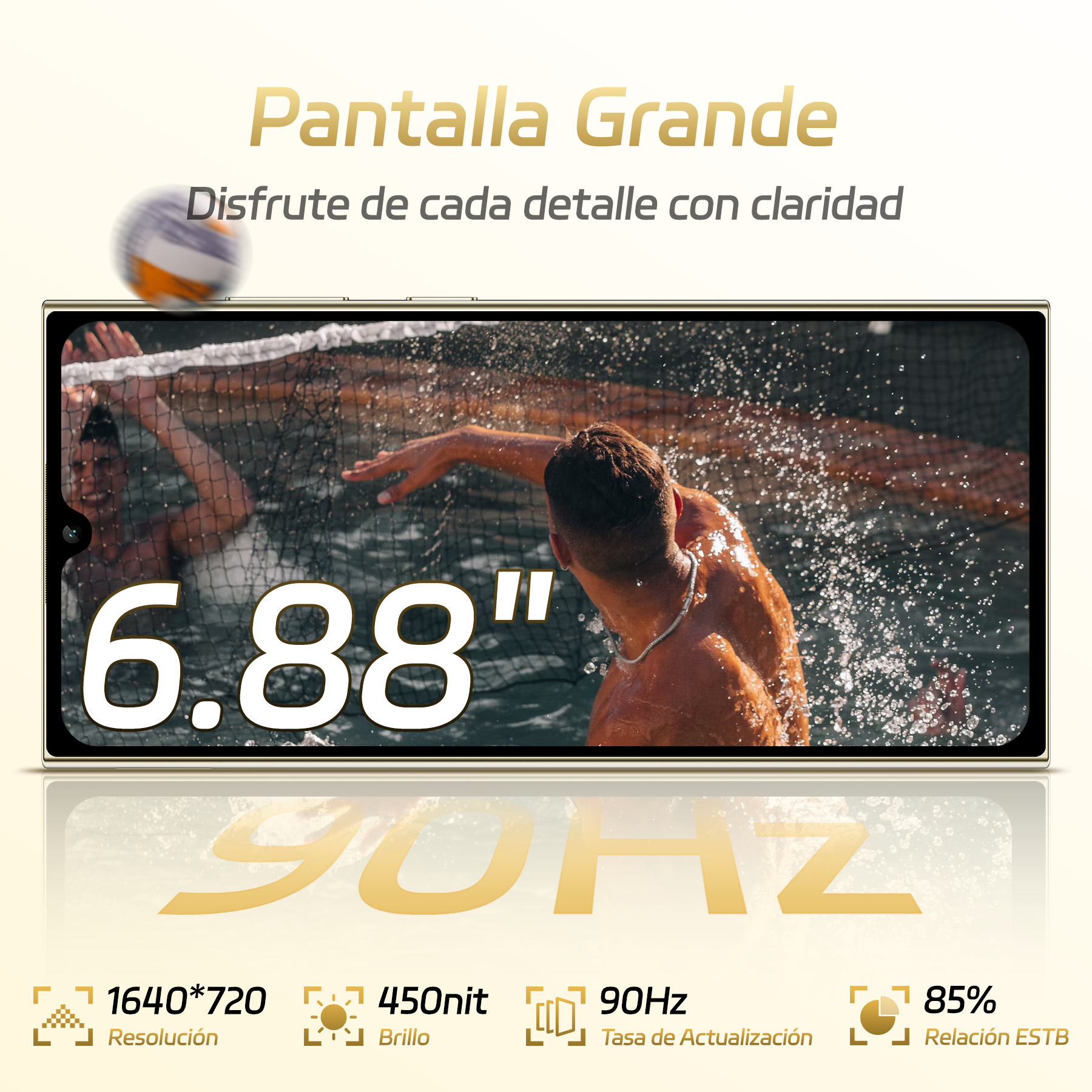 Una pantalla de móvil muestra a dos hombres jugando voleibol. 6,88 pulgadas, 90Hz.