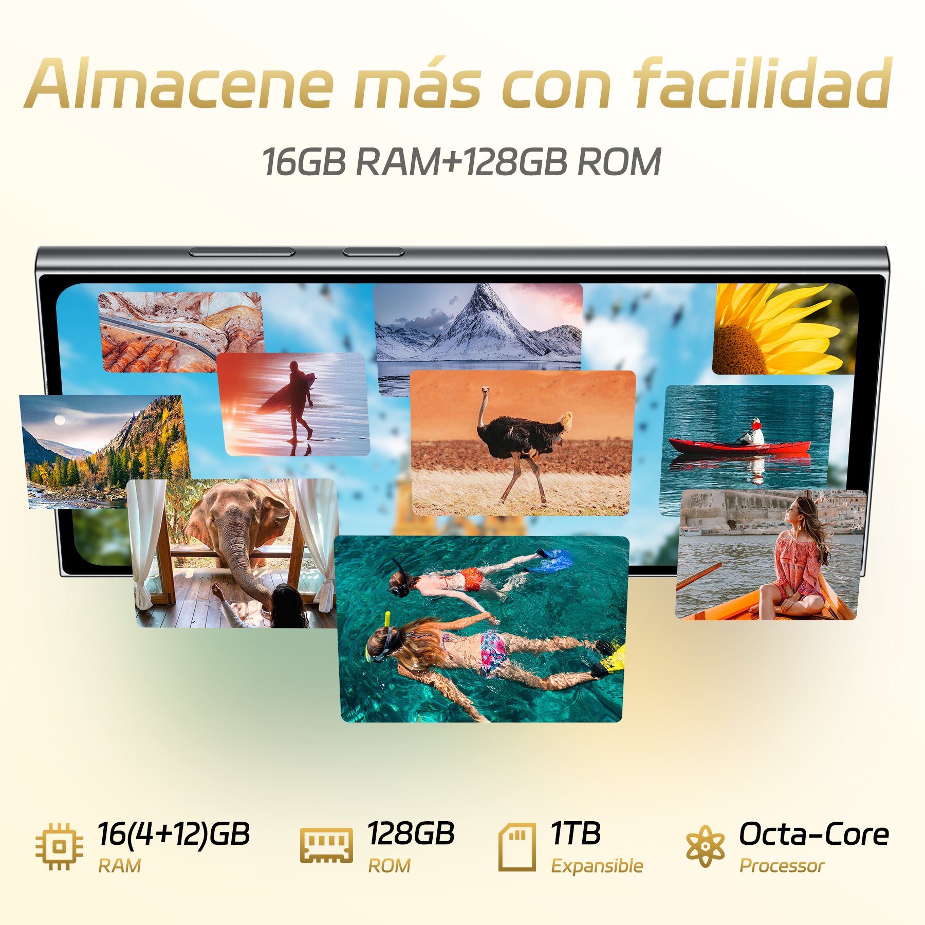 Pantalla de smartphone con varias fotos: naturaleza, animales, personas. Especificaciones abajo.
