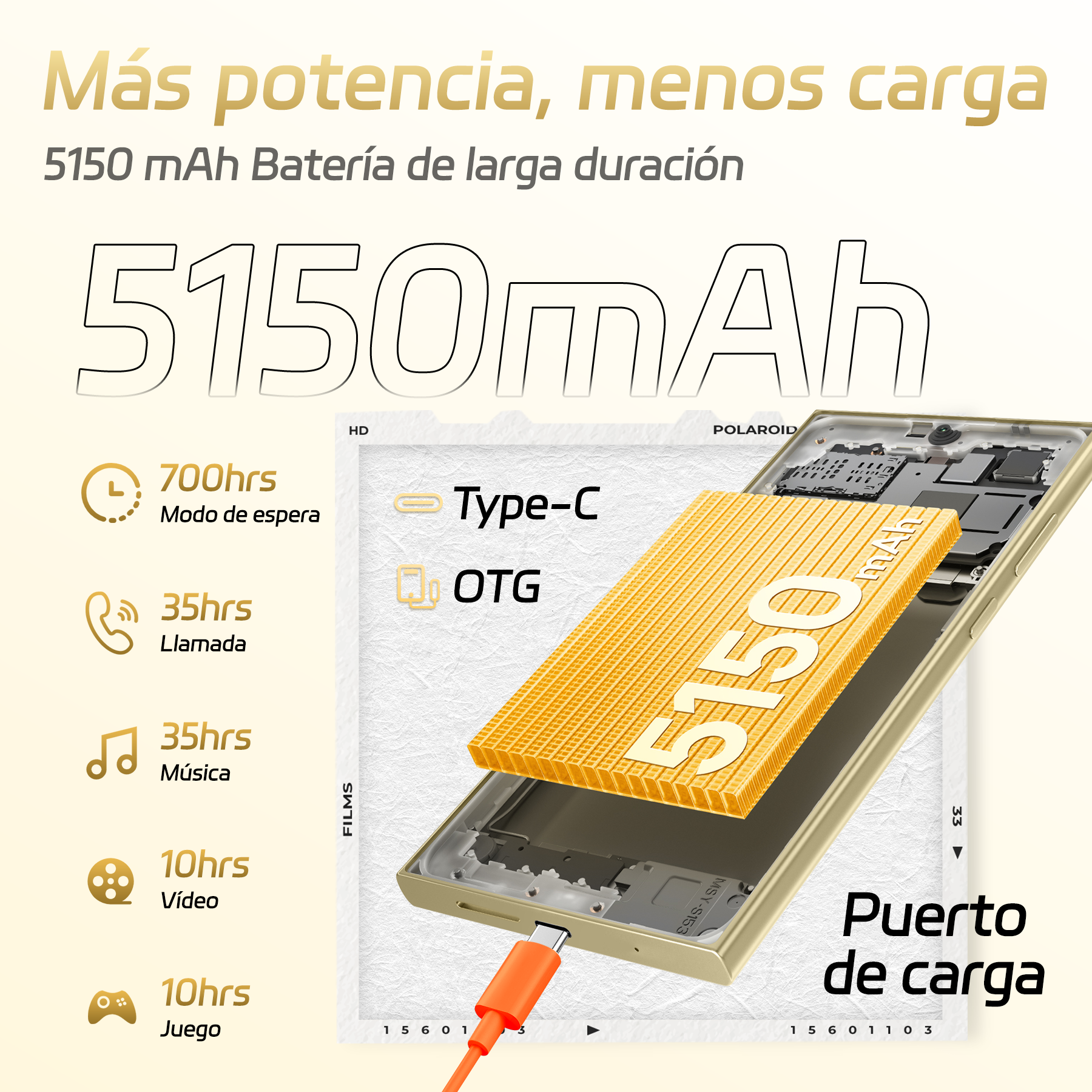 Un smartphone con una gran batería de 5150 mAh en carga.