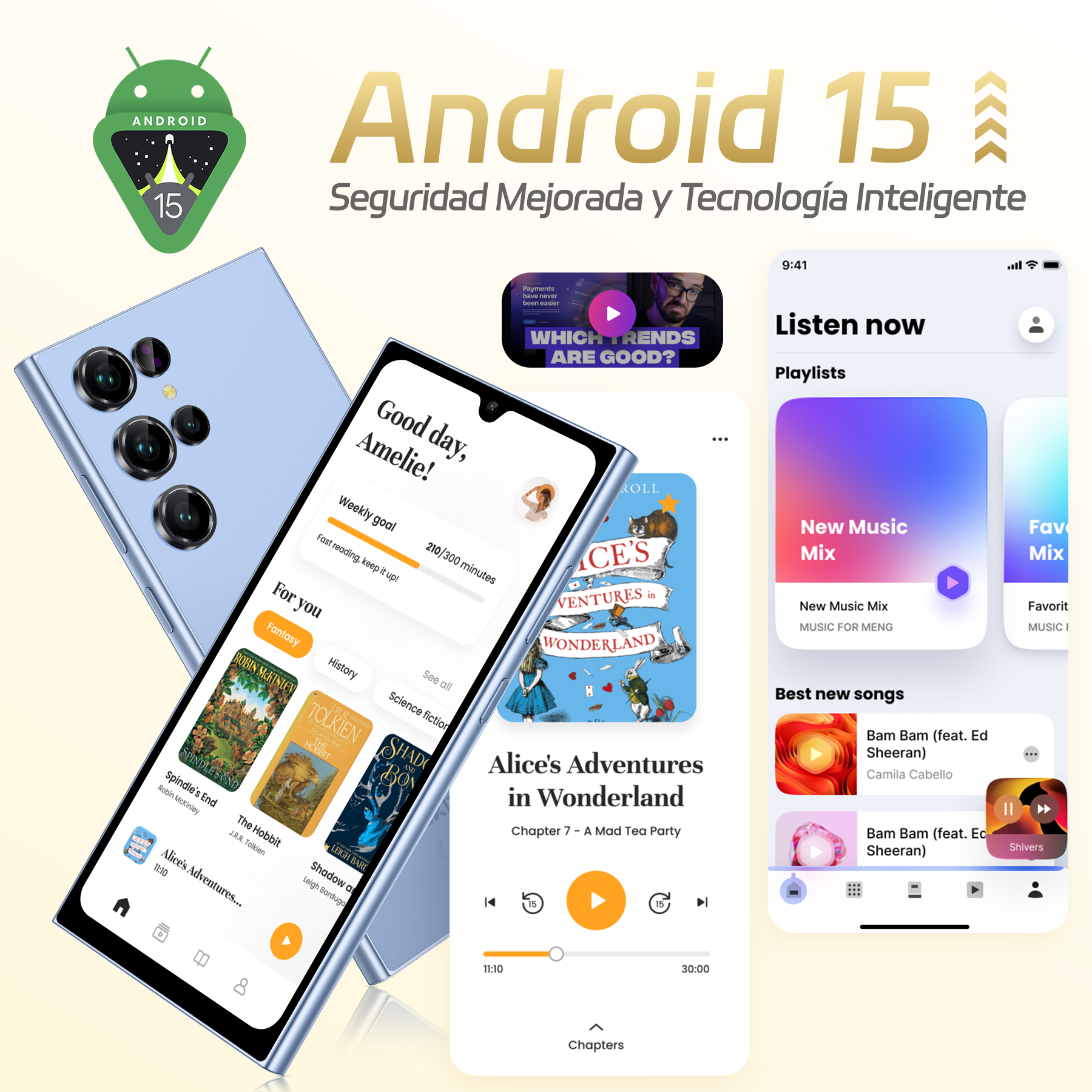 Logo de Android 15, smartphone con apps de libros, música y videos. Fondo de texto.