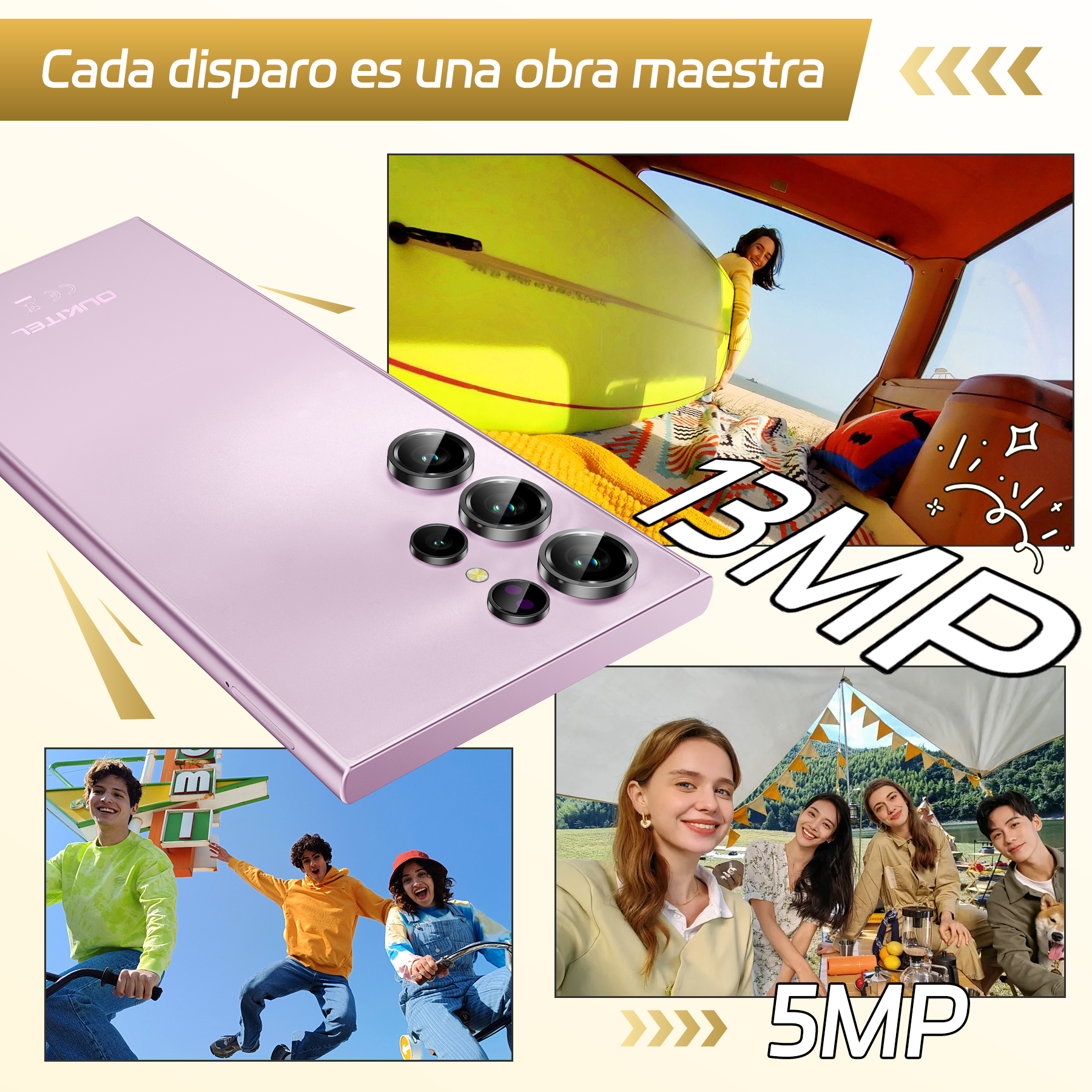 Un smartphone lila claro con tres cámaras. A su lado, imágenes de personas en la playa, en bicicleta y de camping.