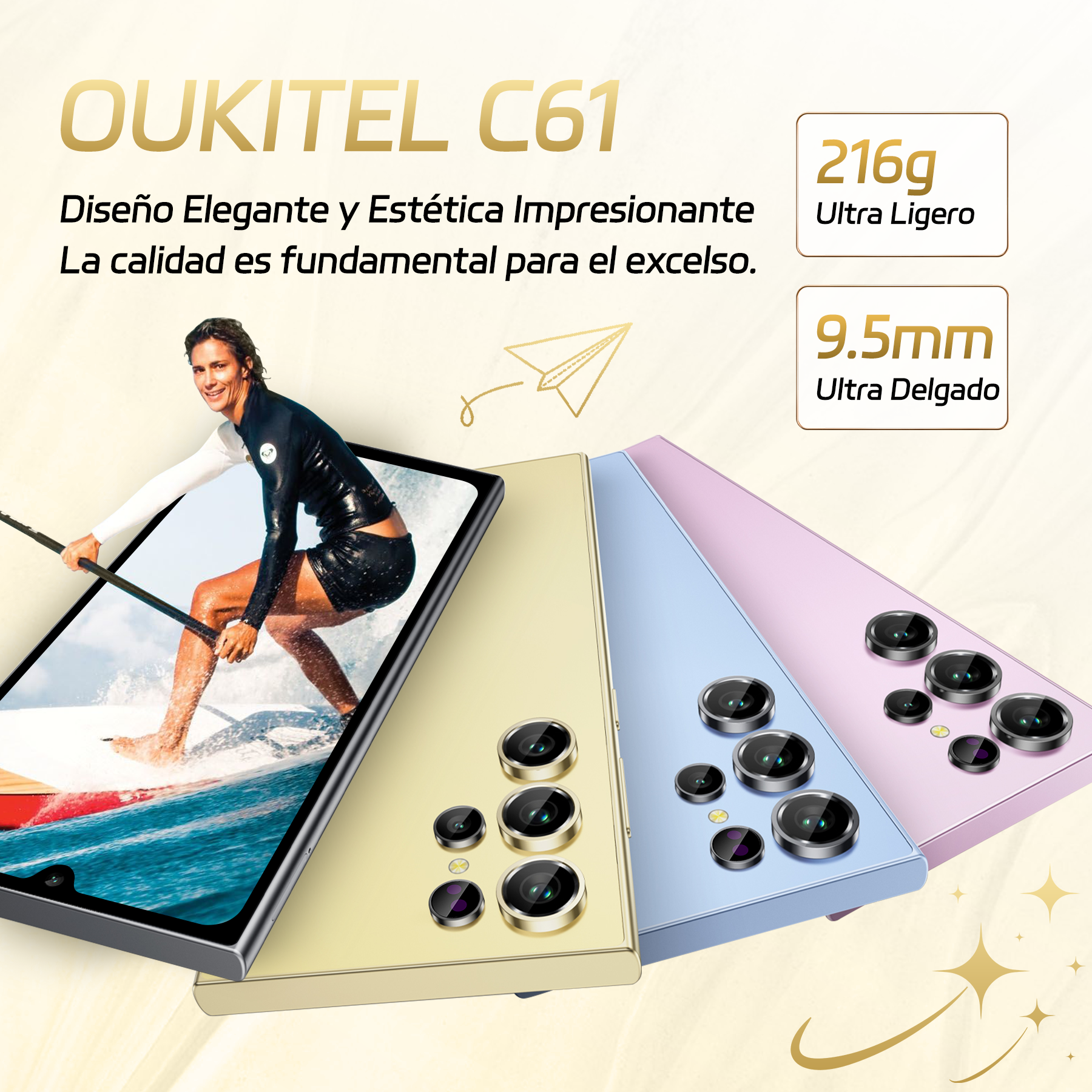 Oukitel C61: Elegantes teléfonos en amarillo, azul, rosa con imagen de surfista.