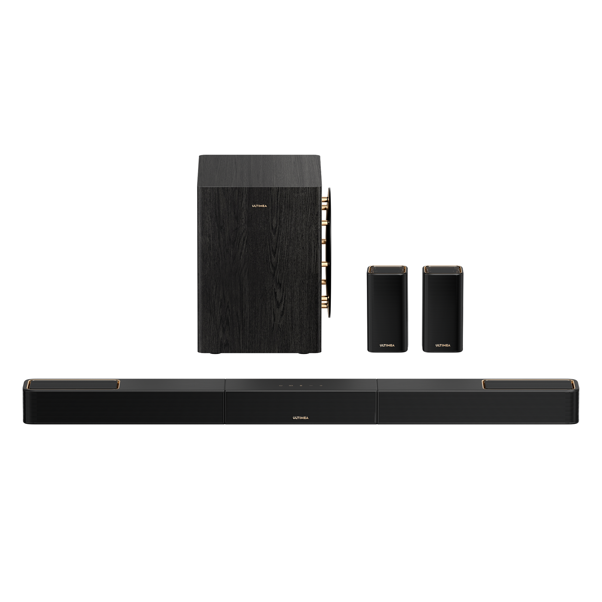 Schwarzer Subwoofer, zwei rechteckige Lautsprecher und eine Soundbar.