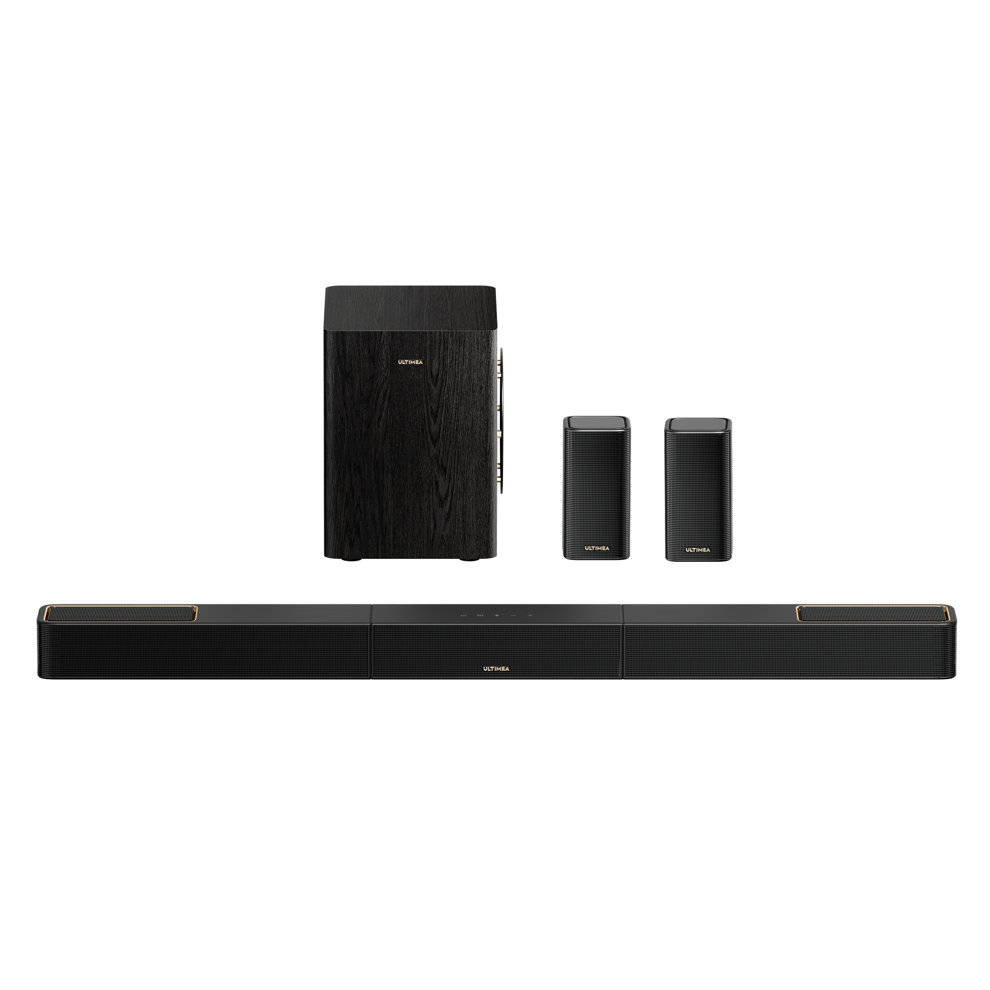 Schwarzes Soundsystem mit Subwoofer, zwei Satellitenlautsprechern und Soundbar.