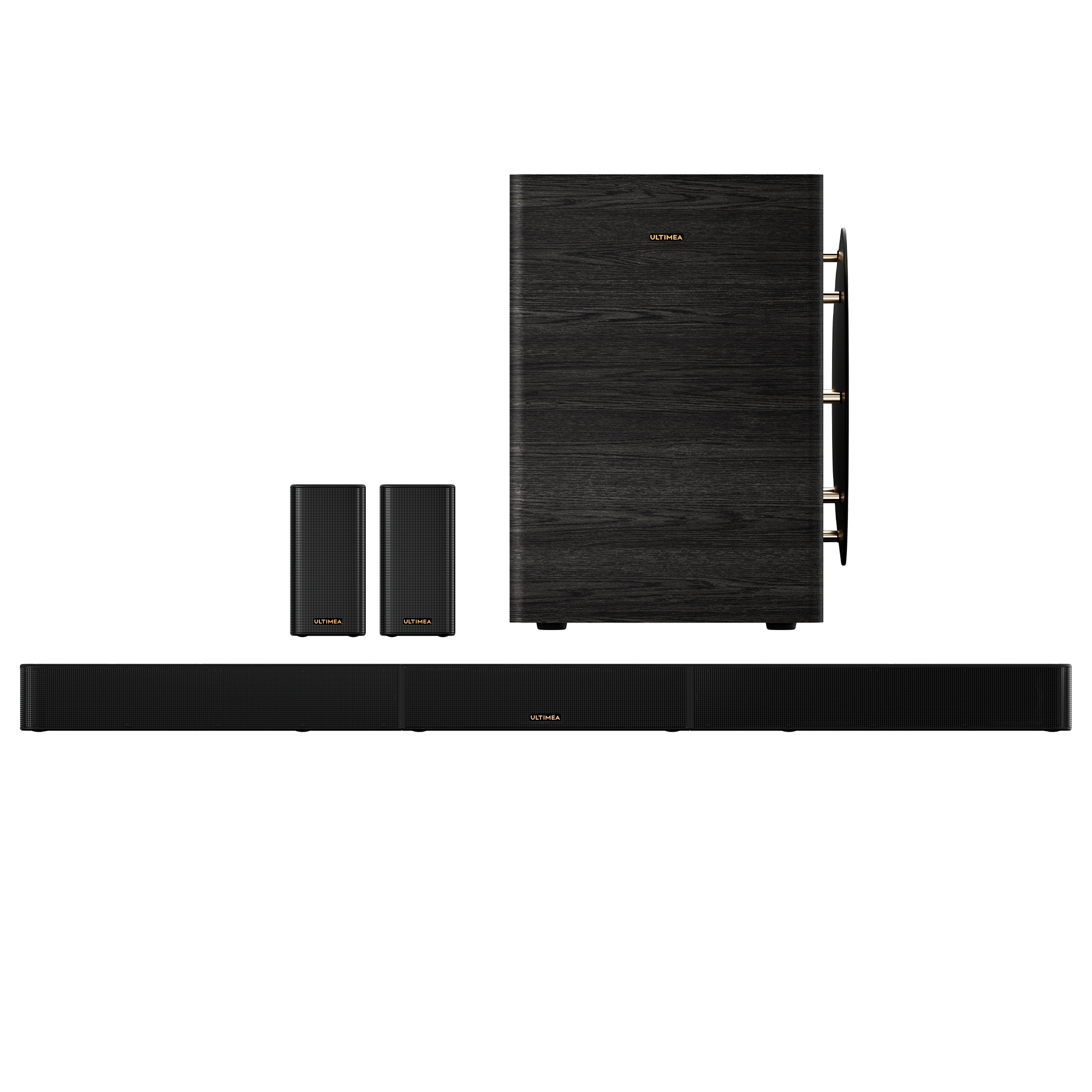 Ein schwarzer Subwoofer, eine Soundbar und zwei Satellitenlautsprecher auf weißem Hintergrund.
