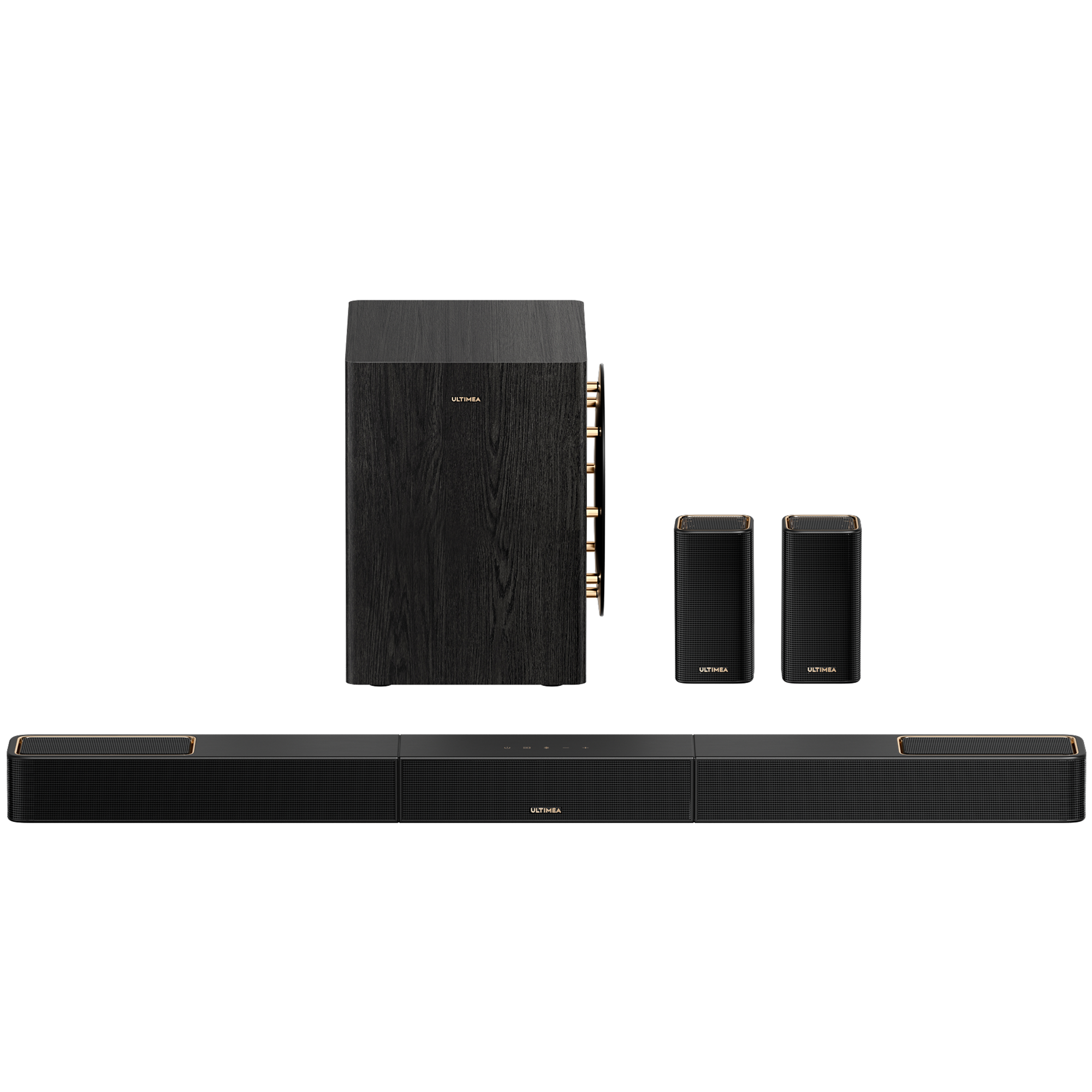Czarny soundbar z subwooferem i dwoma głośnikami satelitarnymi.