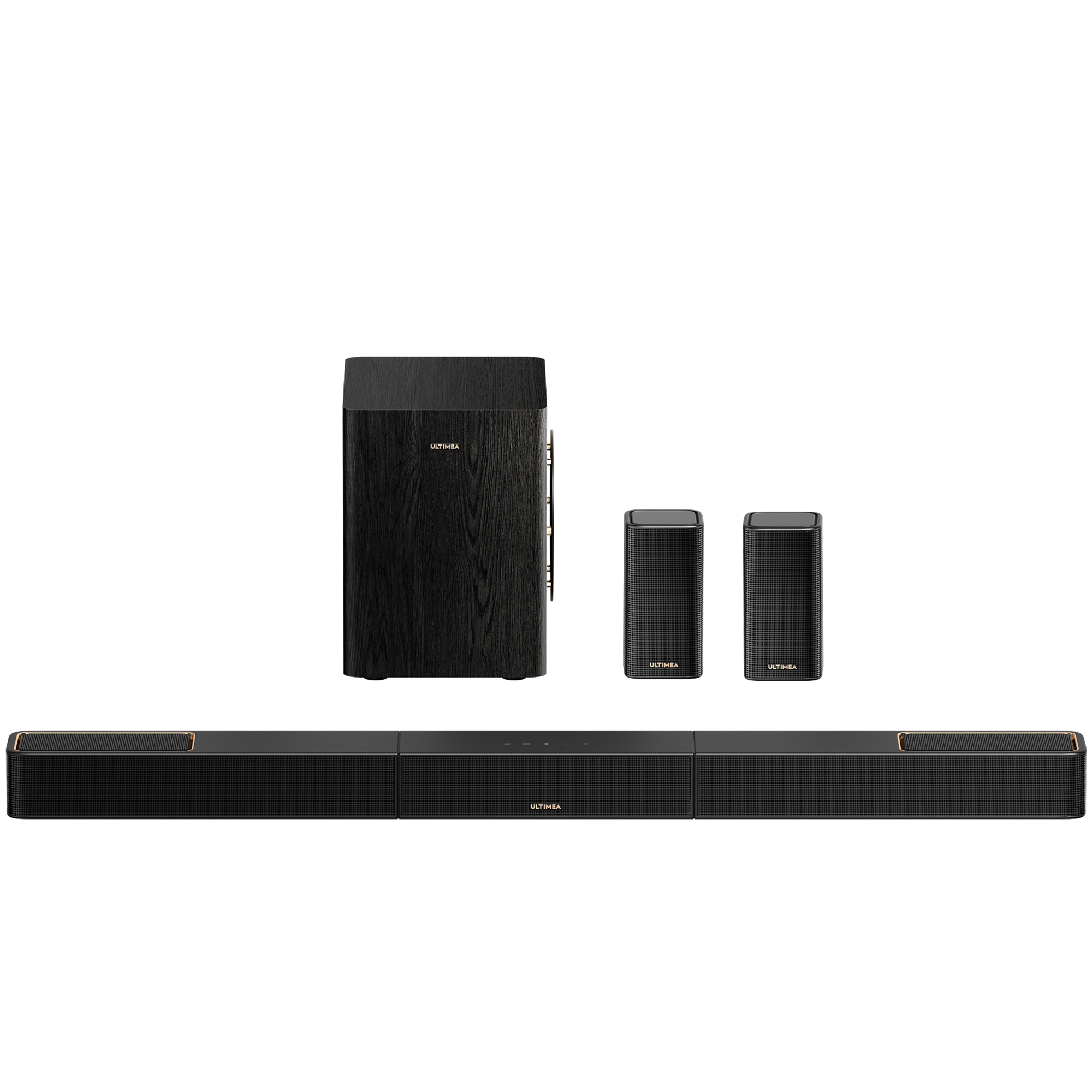 Czarny system audio: soundbar, subwoofer i dwa głośniki satelitarne.
