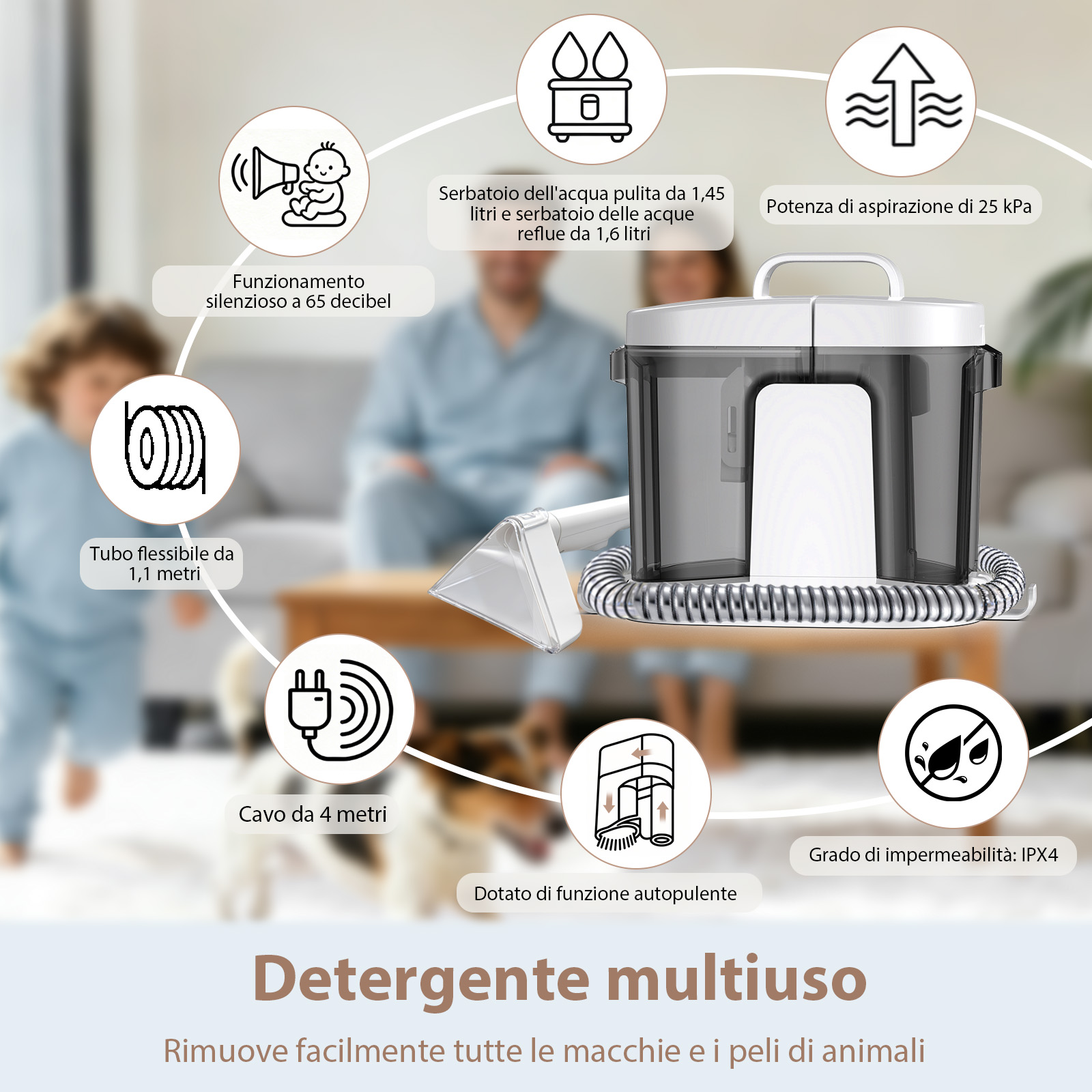 Detergente multiuso: 1,45L acqua pulita, 1,6L acqua sporca. Potenza aspirazione 25 kPa.