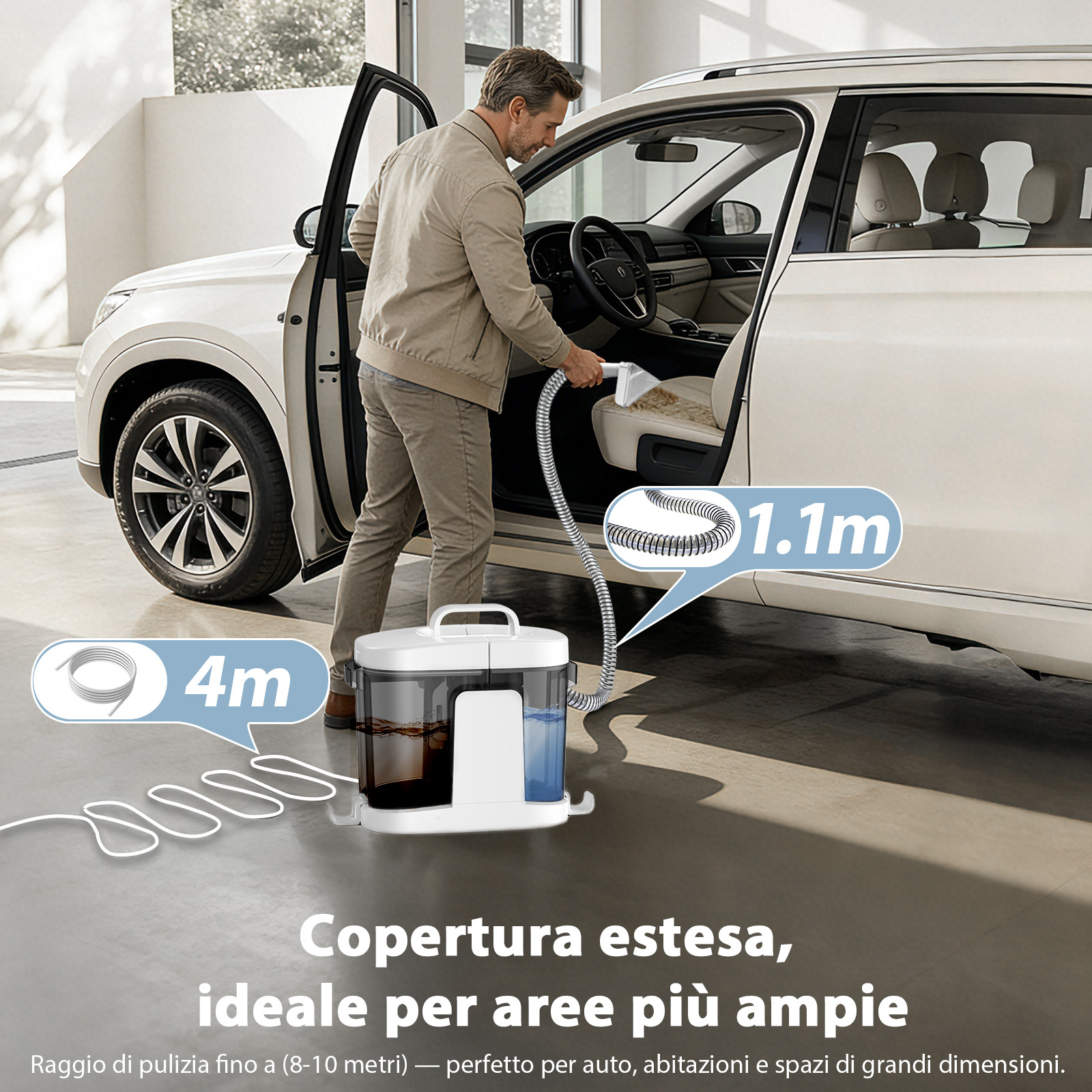Uomo pulisce interno auto con apparecchio. Tubo 4m e 1.1m.