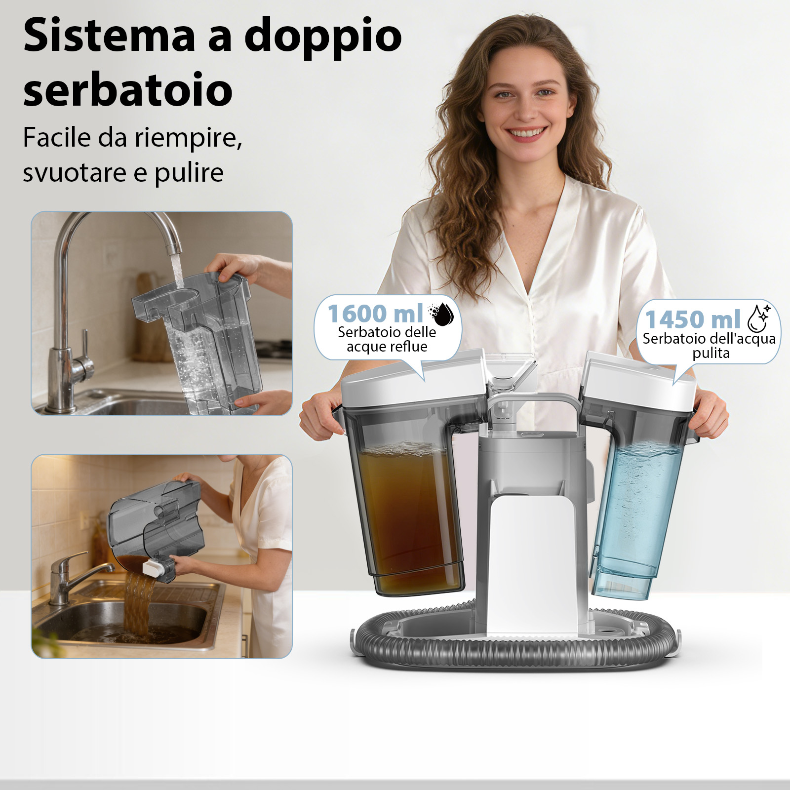 Un uomo riempie un contenitore sotto un rubinetto, accanto un dispositivo a due serbatoi.
