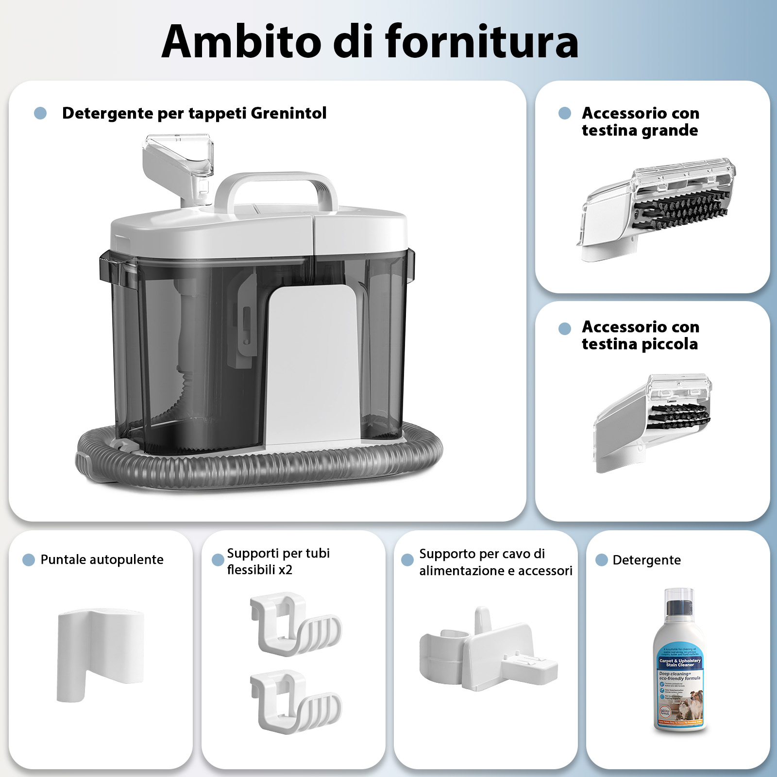 Dispositivo di pulizia con accessori: detergente, testine, supporti e bocchetta.
