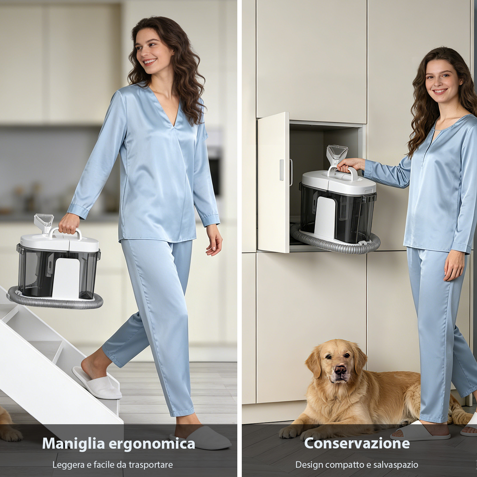 Donna in pigiama di seta blu tiene aspirapolvere; cane vicino. Immagine divisa.