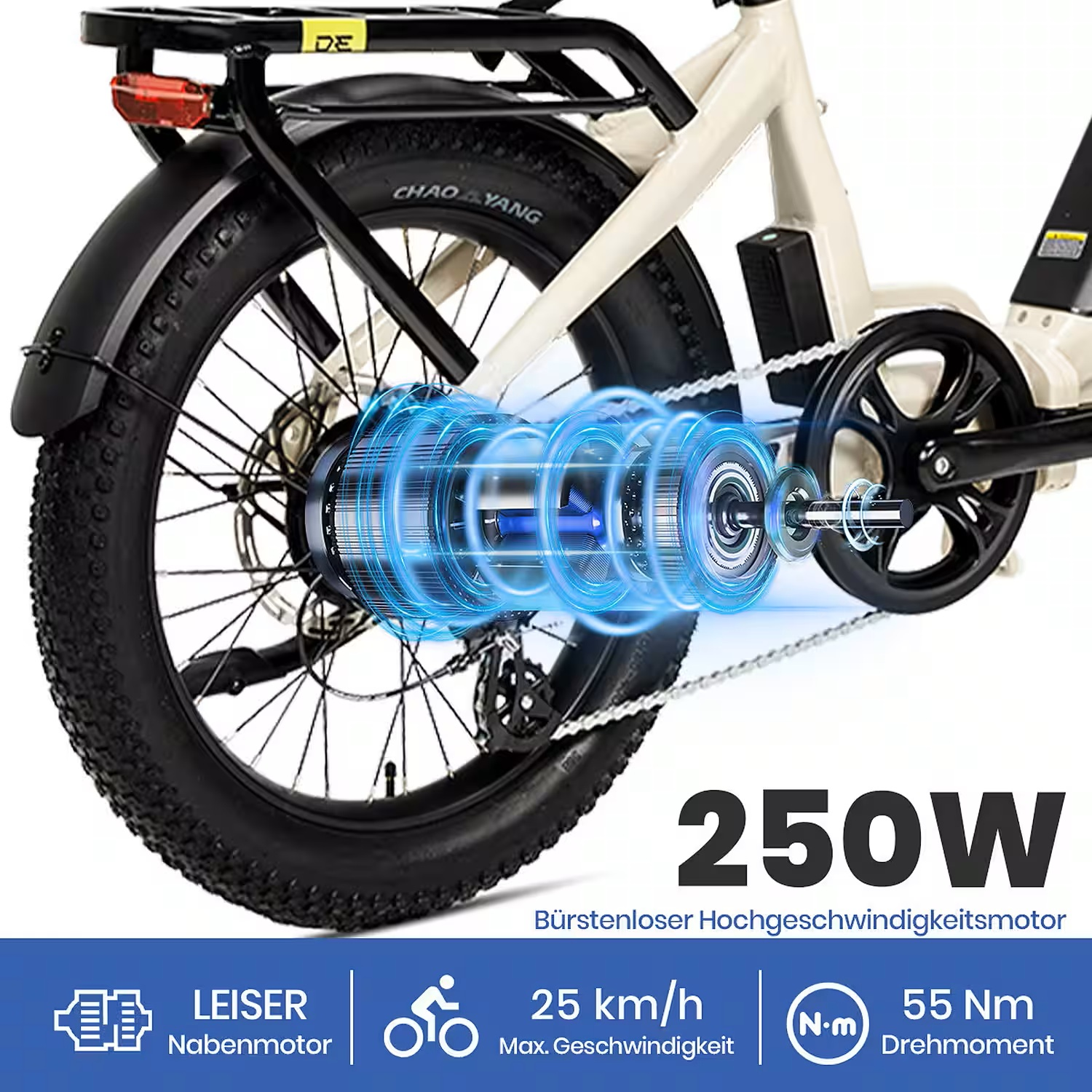 Nahaufnahme eines E-Bikes mit Fokus auf den Hinterradnabenmotor, 250W, 25 km/h.